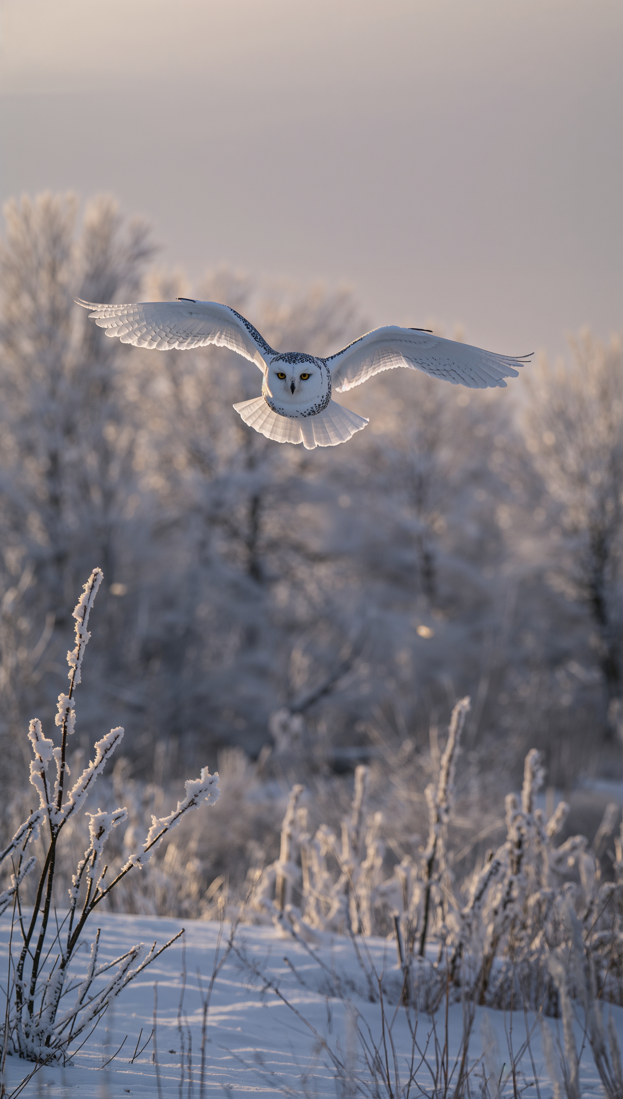 Snowy owl in forest – December wallpaper