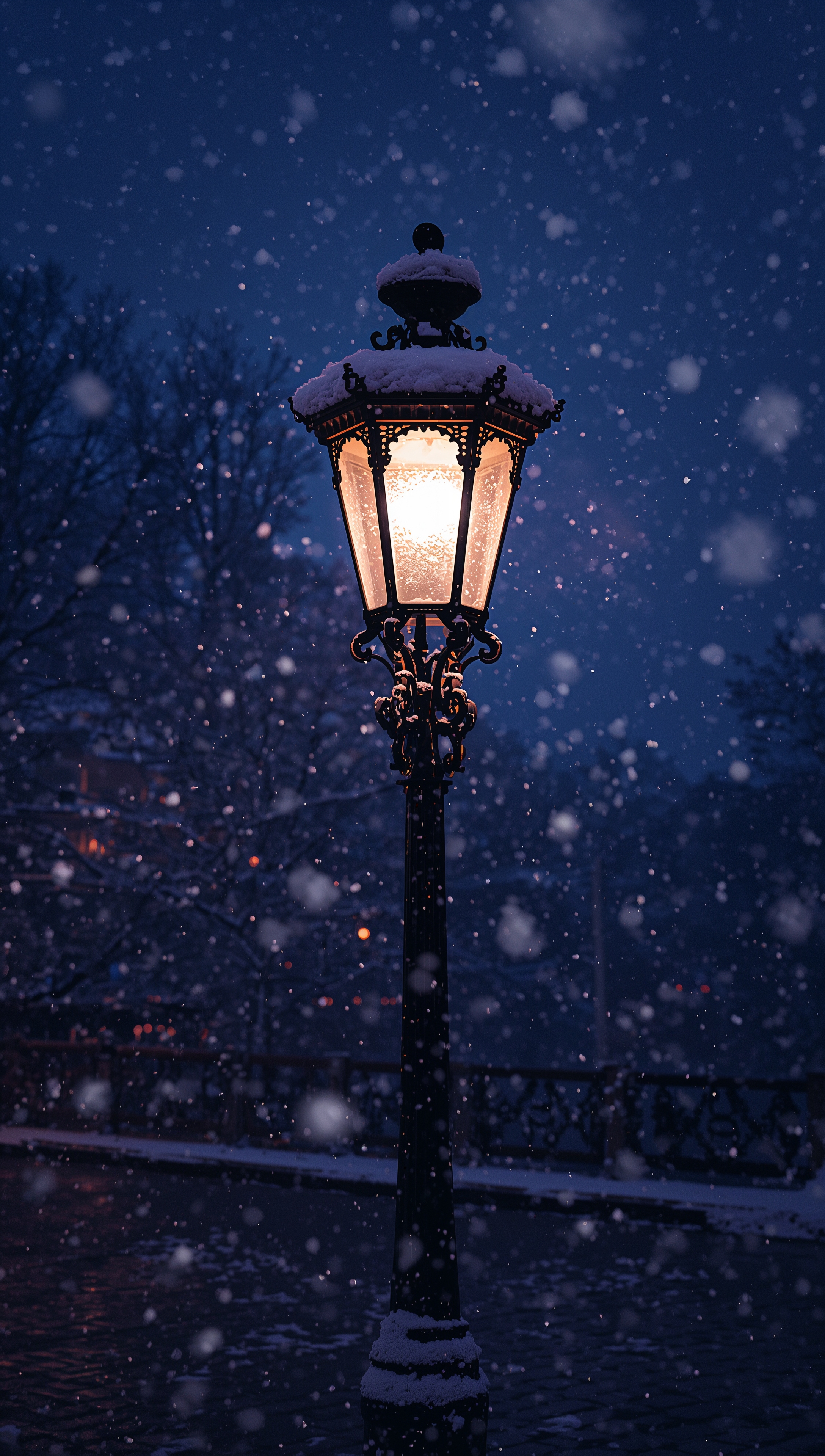 Snow on vintage street lamp – December wallpaper