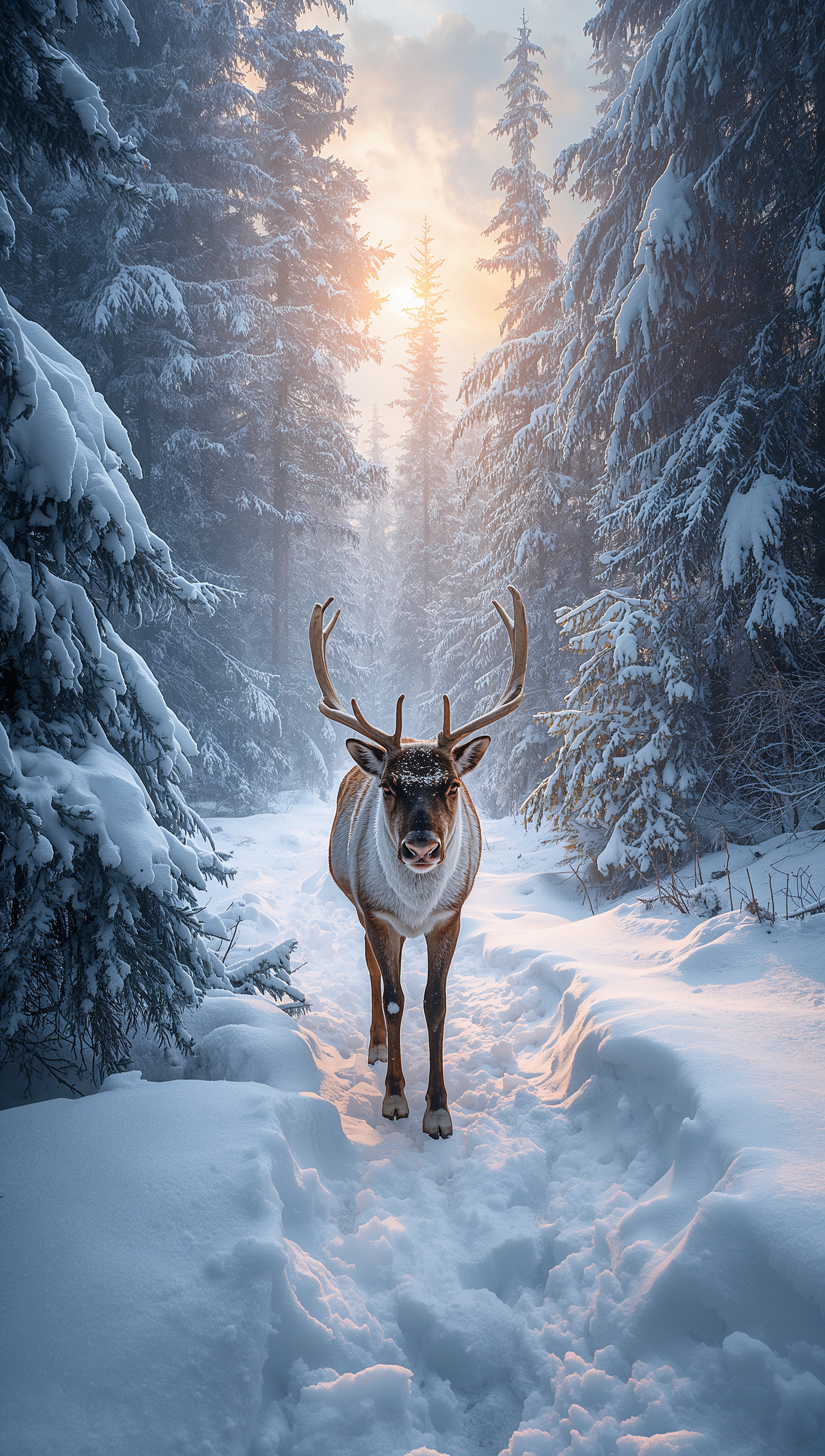 Reindeer in snowy forest – December wallpaper