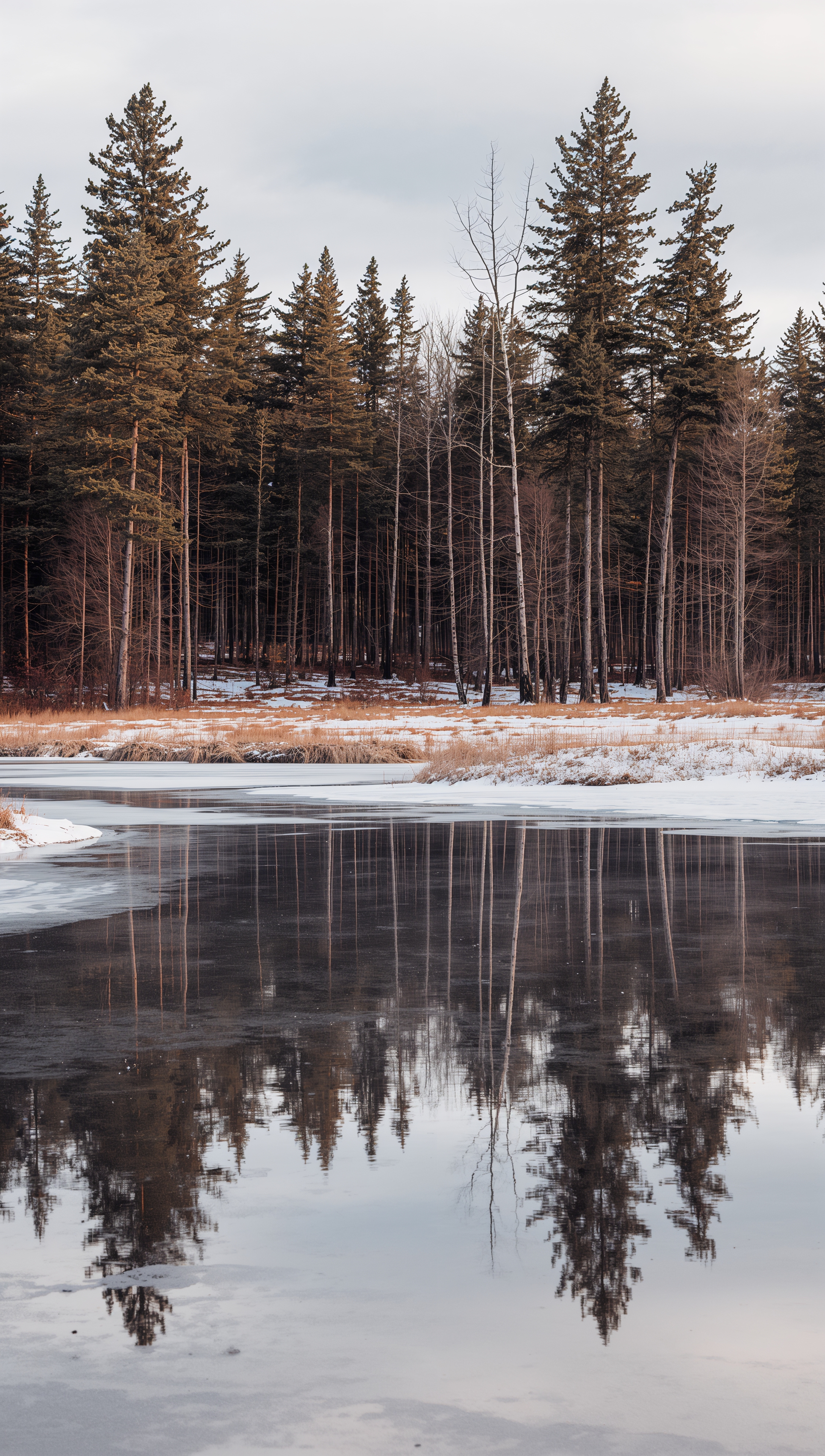 Frozen lake with pine reflection – December wallpaper
