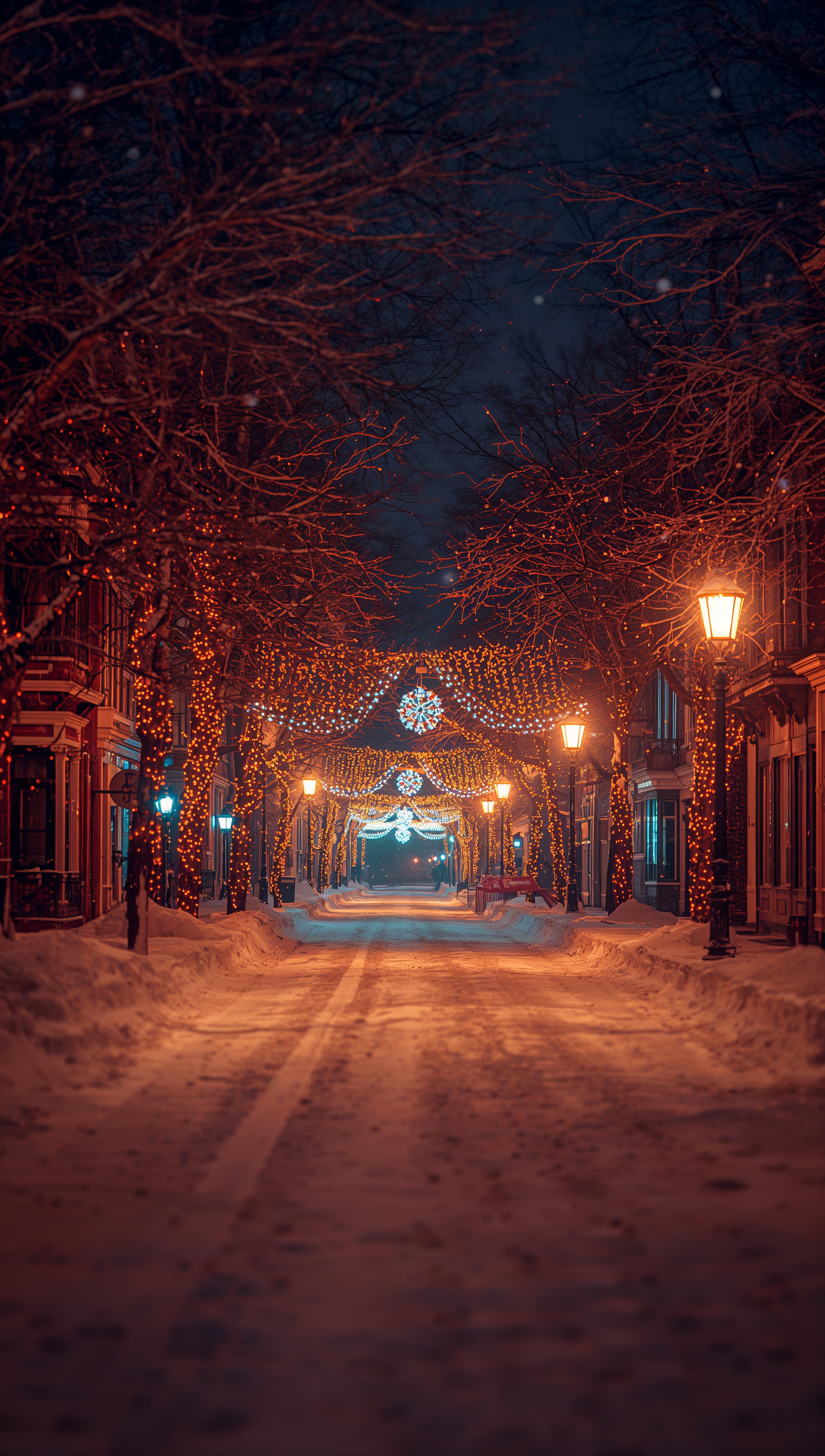 Christmas lights on snowy street – December wallpaper