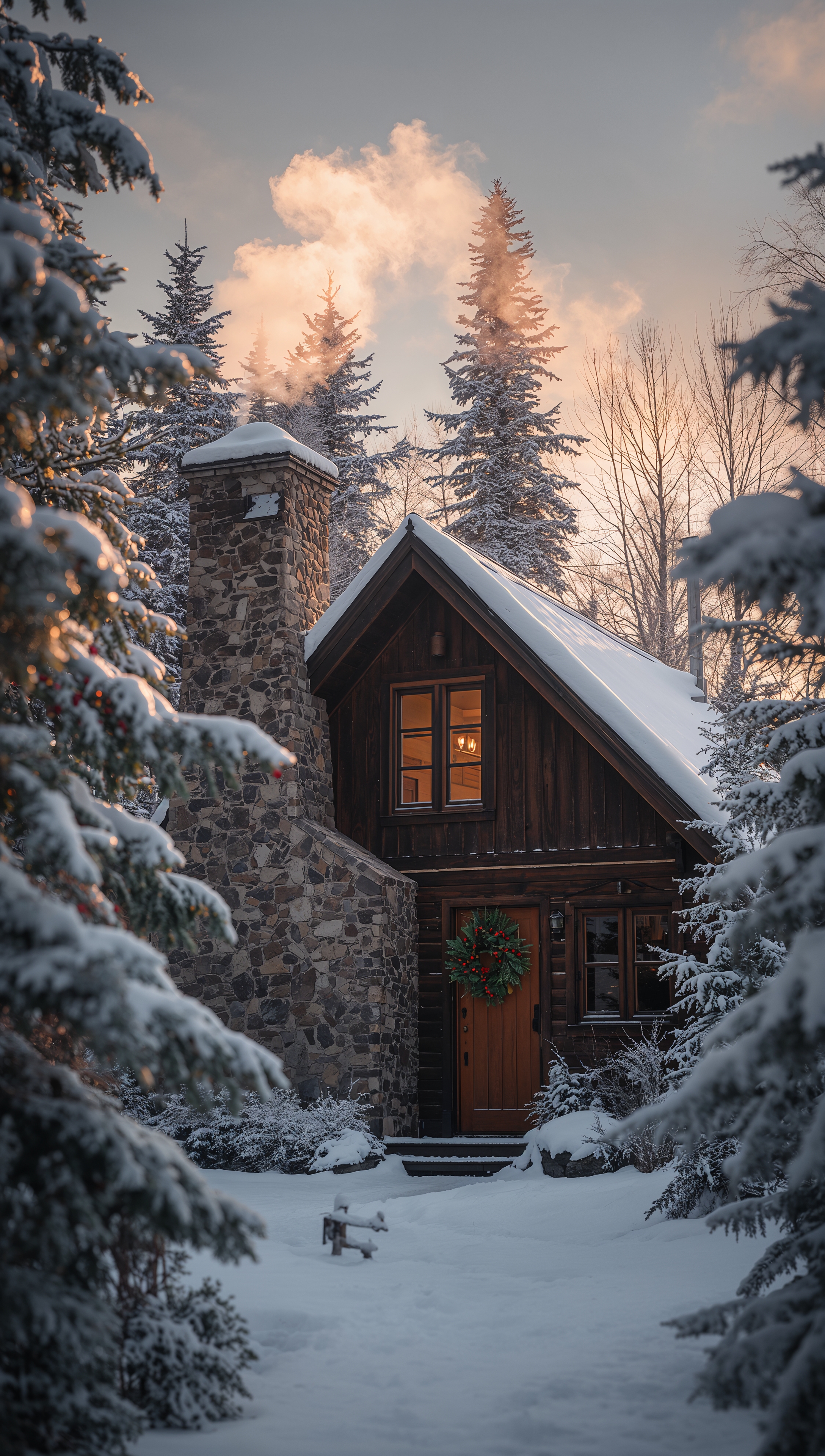 Cozy winter cabin with chimney smoke – December wallpaper