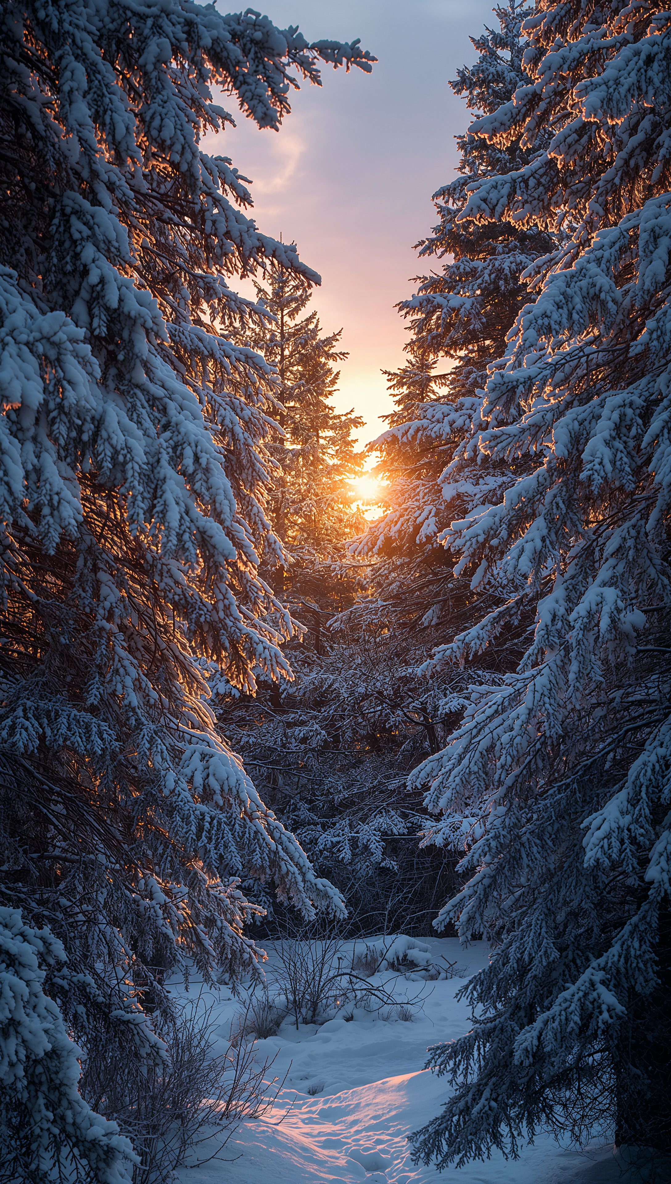 Snowy pine forest at sunrise – December wallpaper