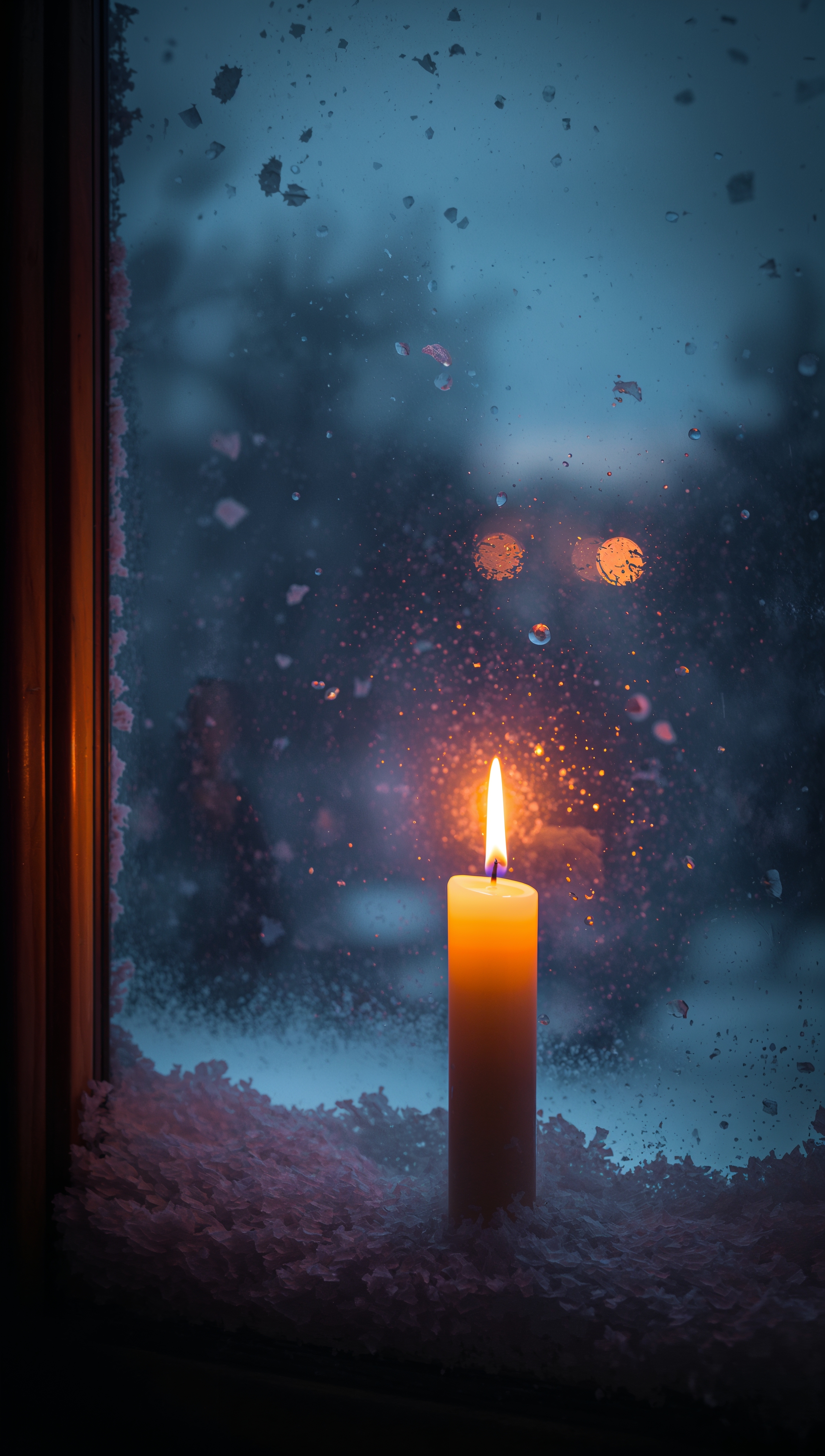 Candlelight in snowy window – December wallpaper