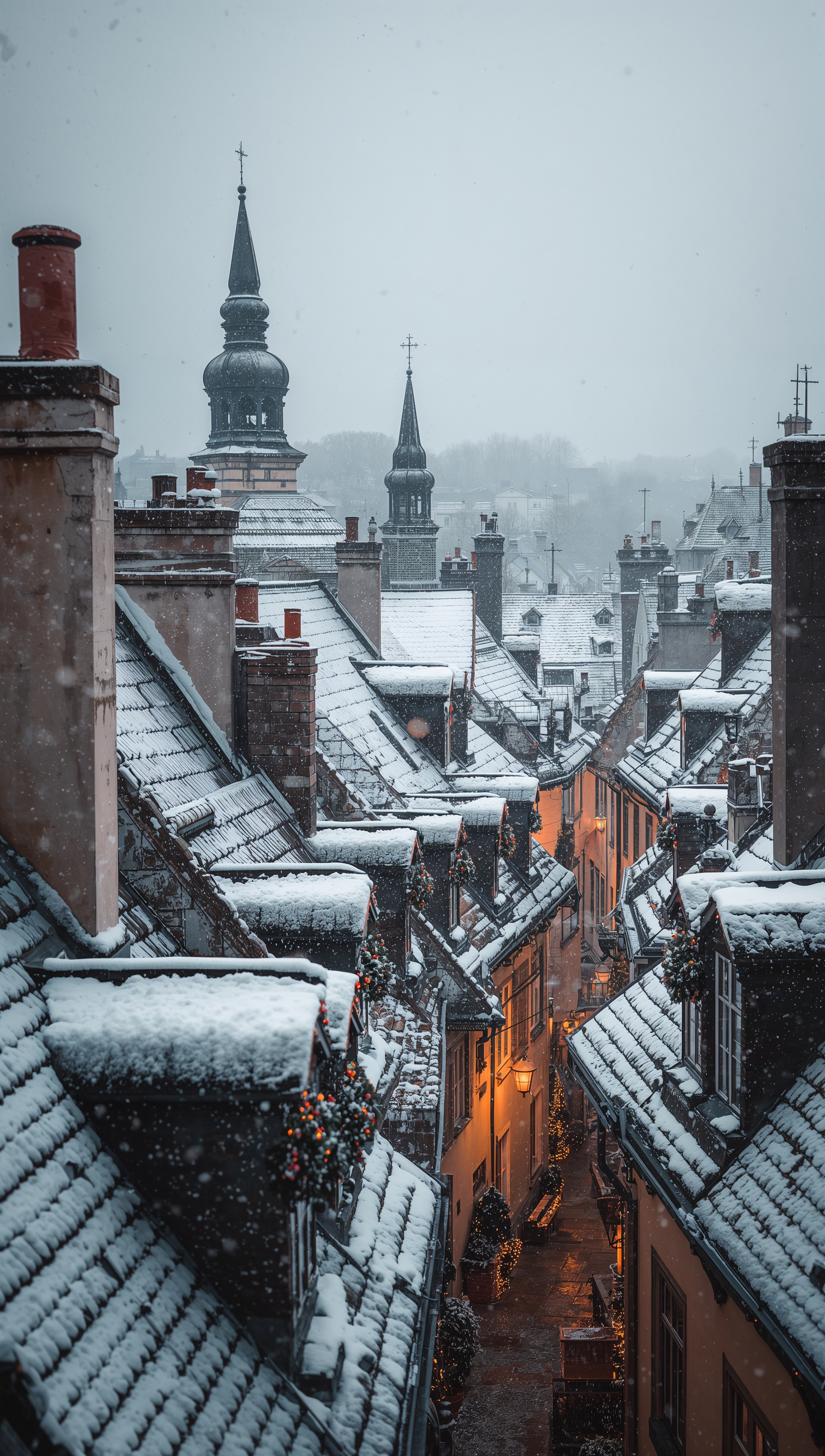 Snowy rooftops old town – December wallpaper