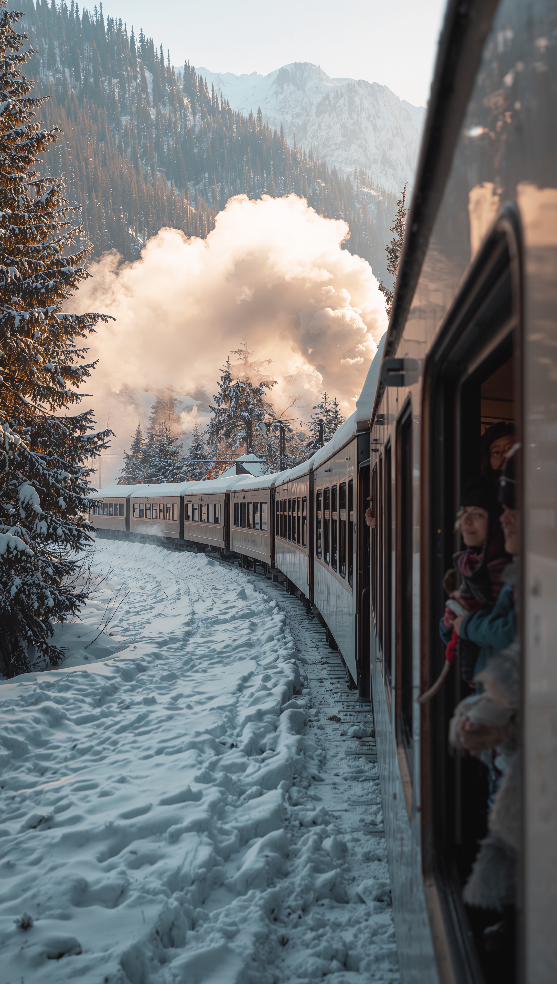 Train in snowy valley – December wallpaper