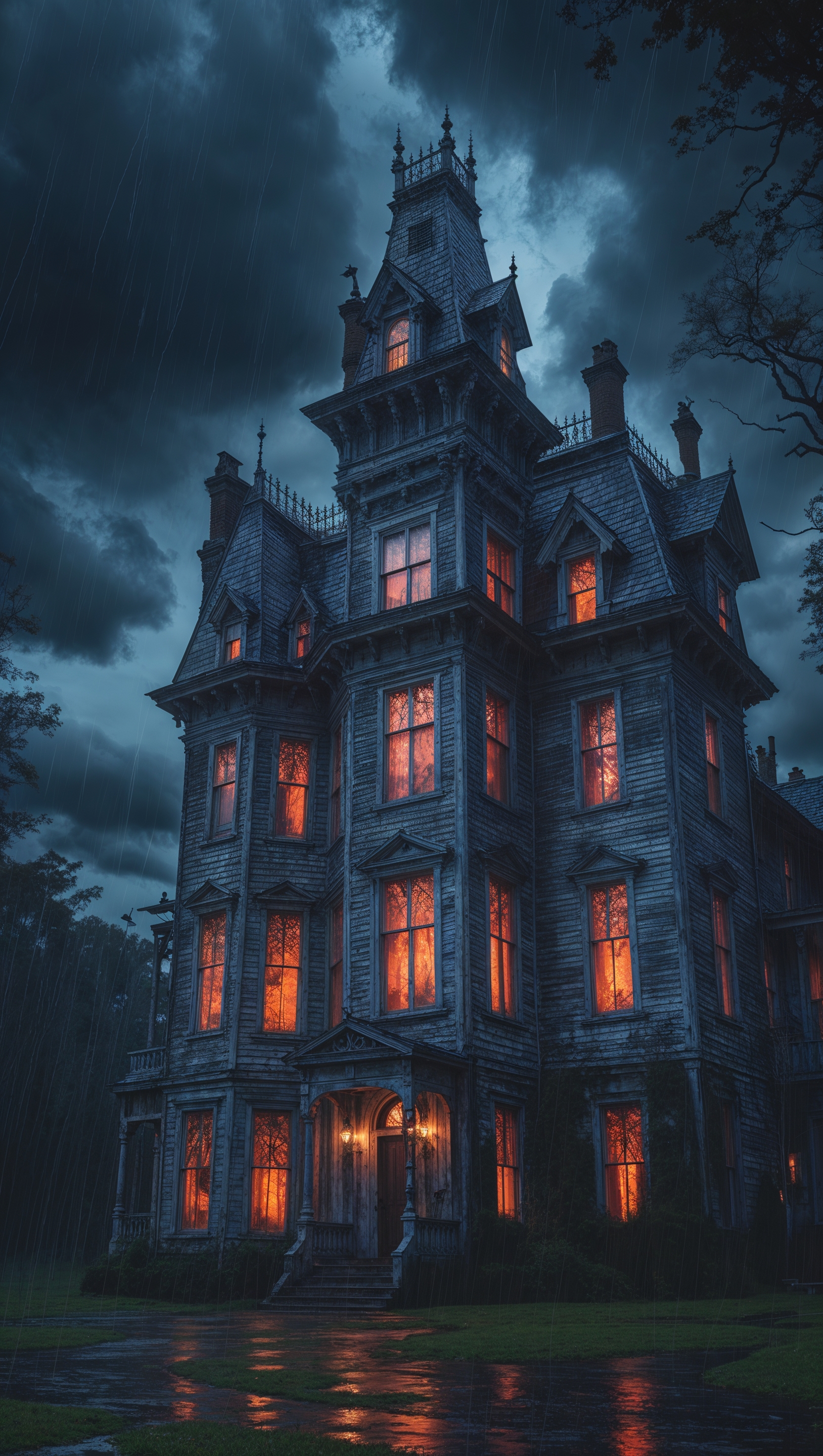 Haunted Victorian house with glowing windows under stormy Halloween night