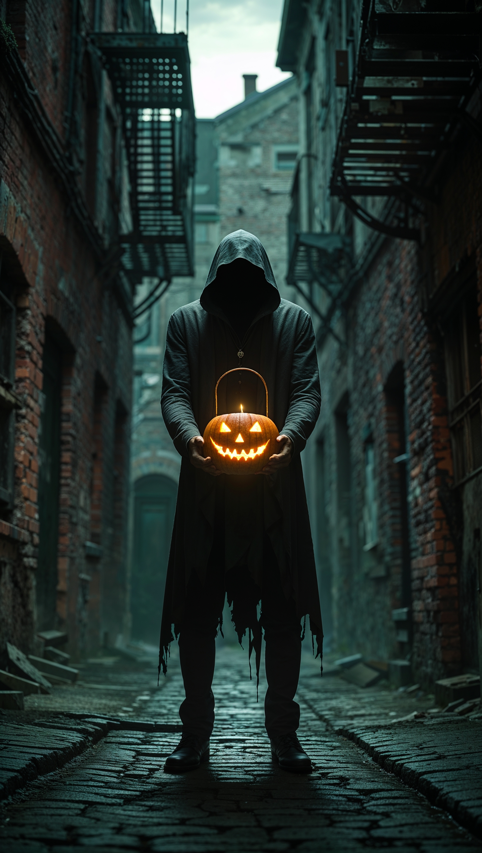 Shadow of a figure holding a pumpkin lantern in an empty alley