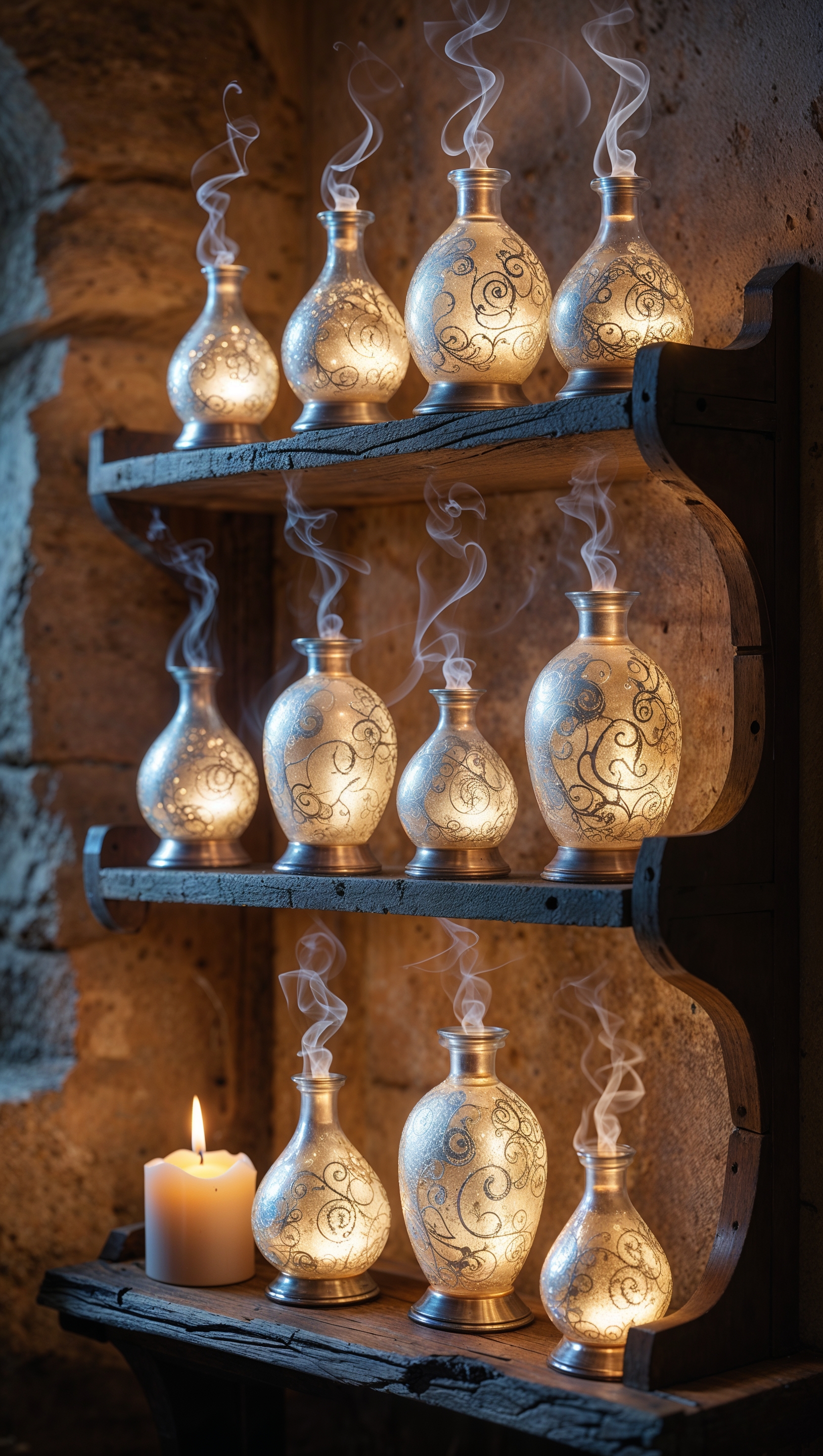 Magic potion bottles glowing on wooden shelf with smoke trails