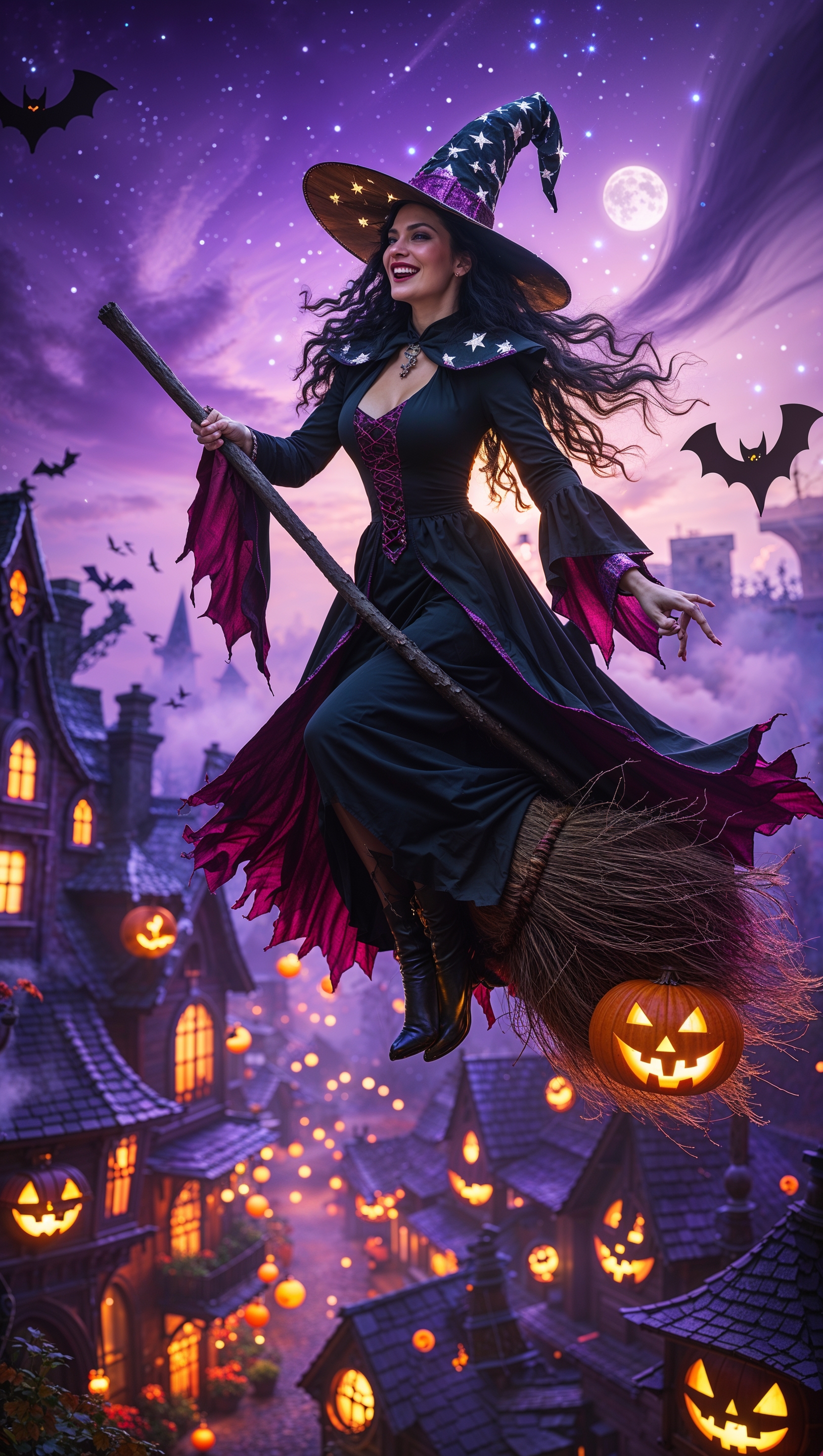 Witch flying on broomstick over glowing Halloween town, purple sky