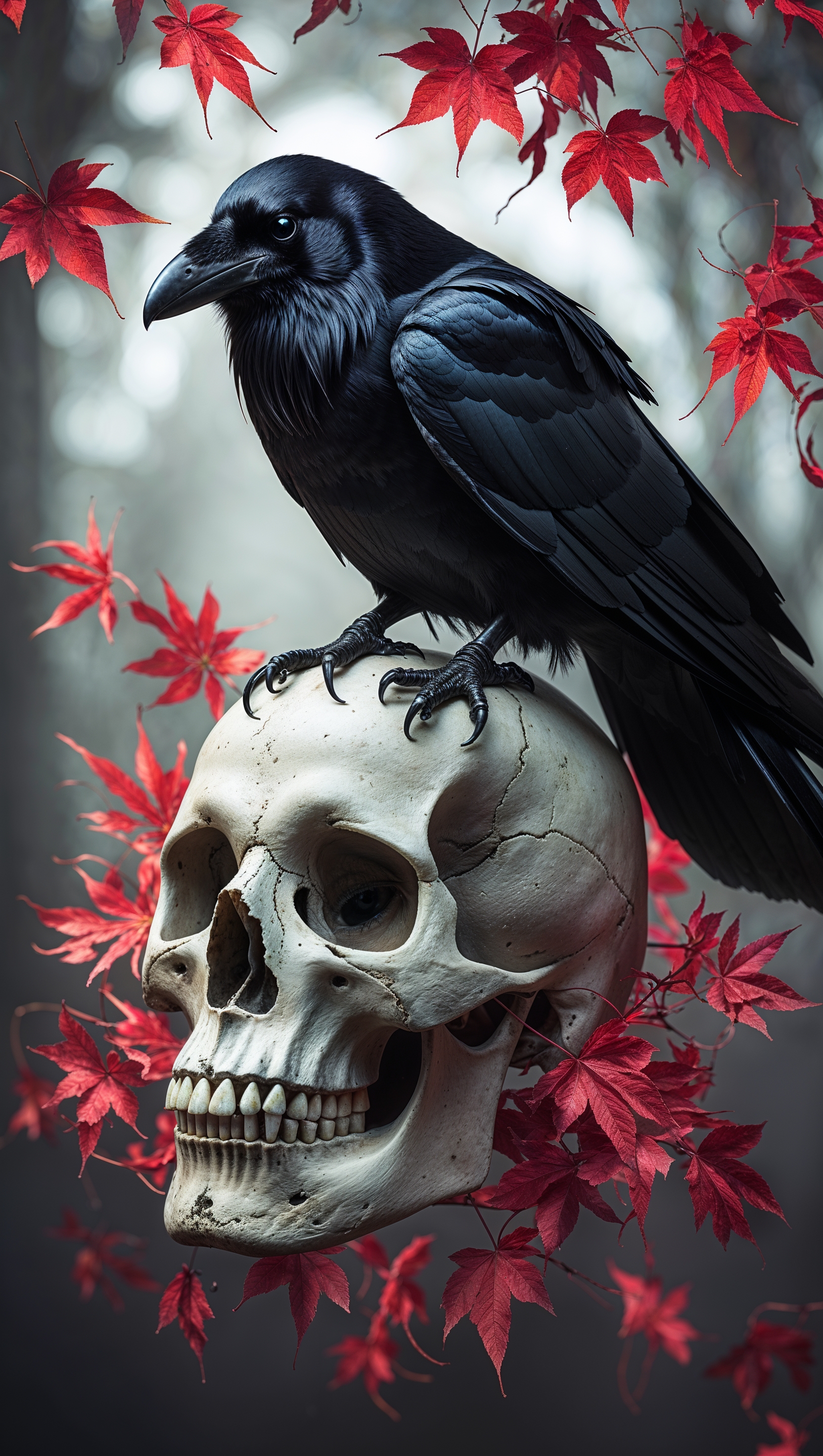 Black raven perched on skull surrounded by floating red leaves