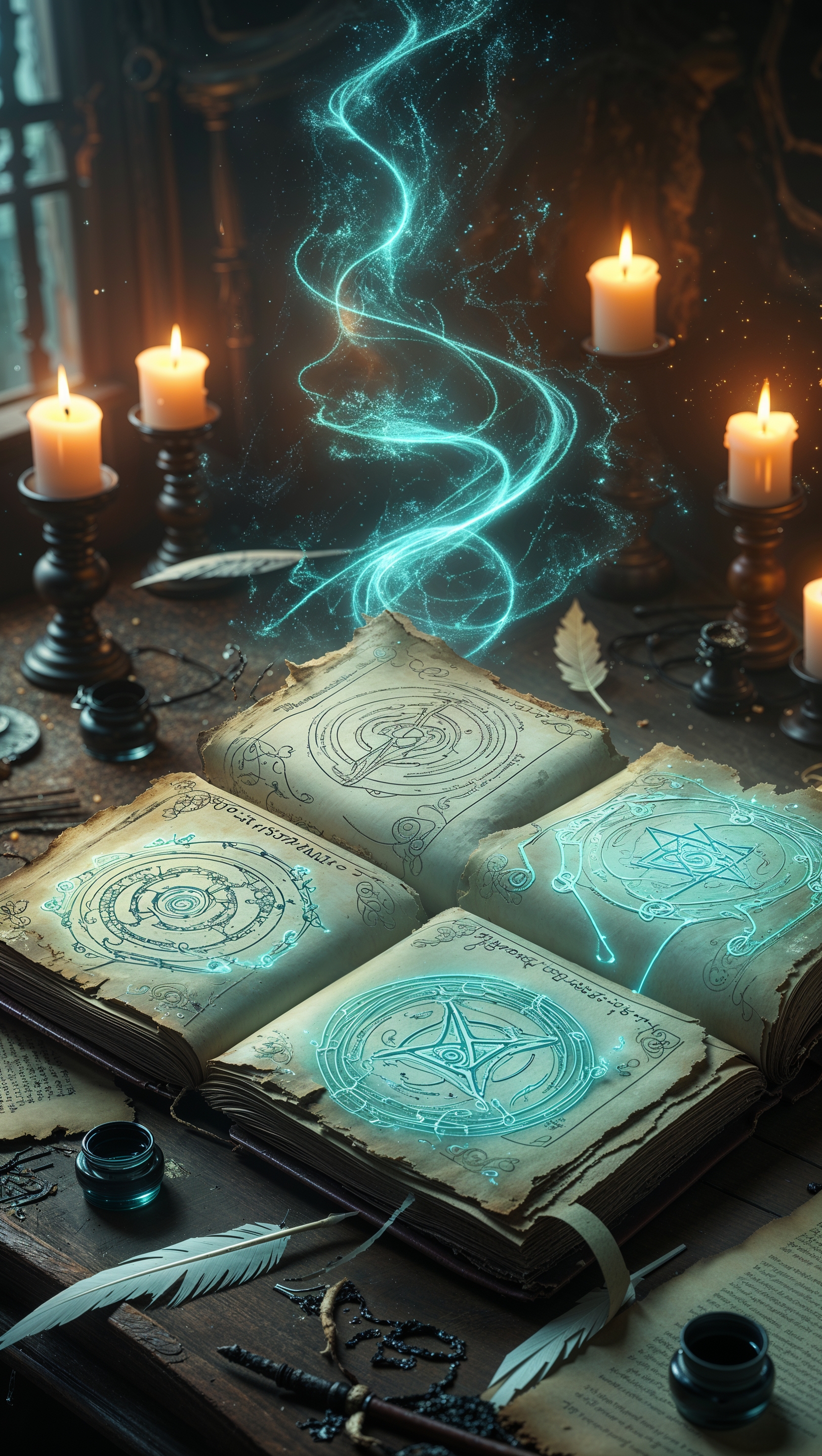 Spellbook open on candle-lit desk with flying pages and glowing symbols