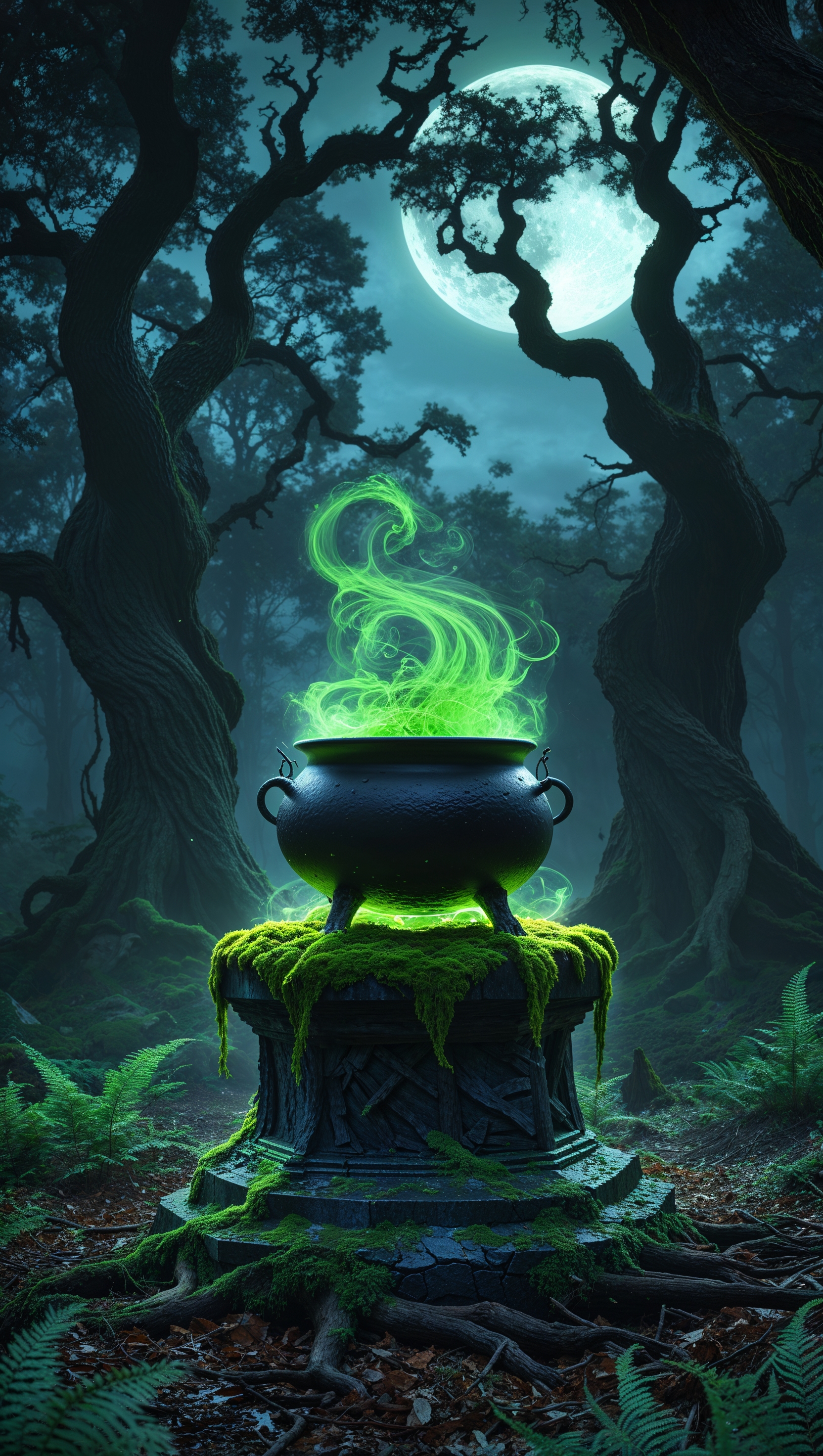 Cauldron bubbling with neon green liquid in dark forest clearing