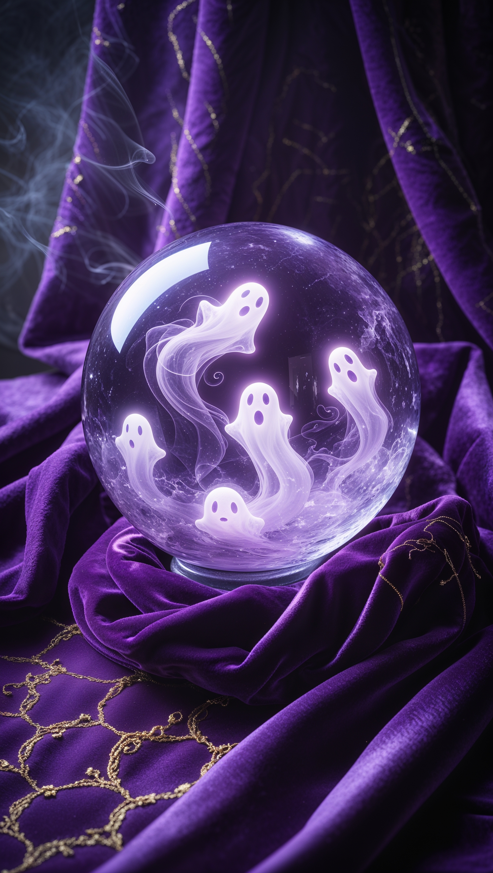 Crystal ball glowing with swirling ghosts inside, on velvet cloth