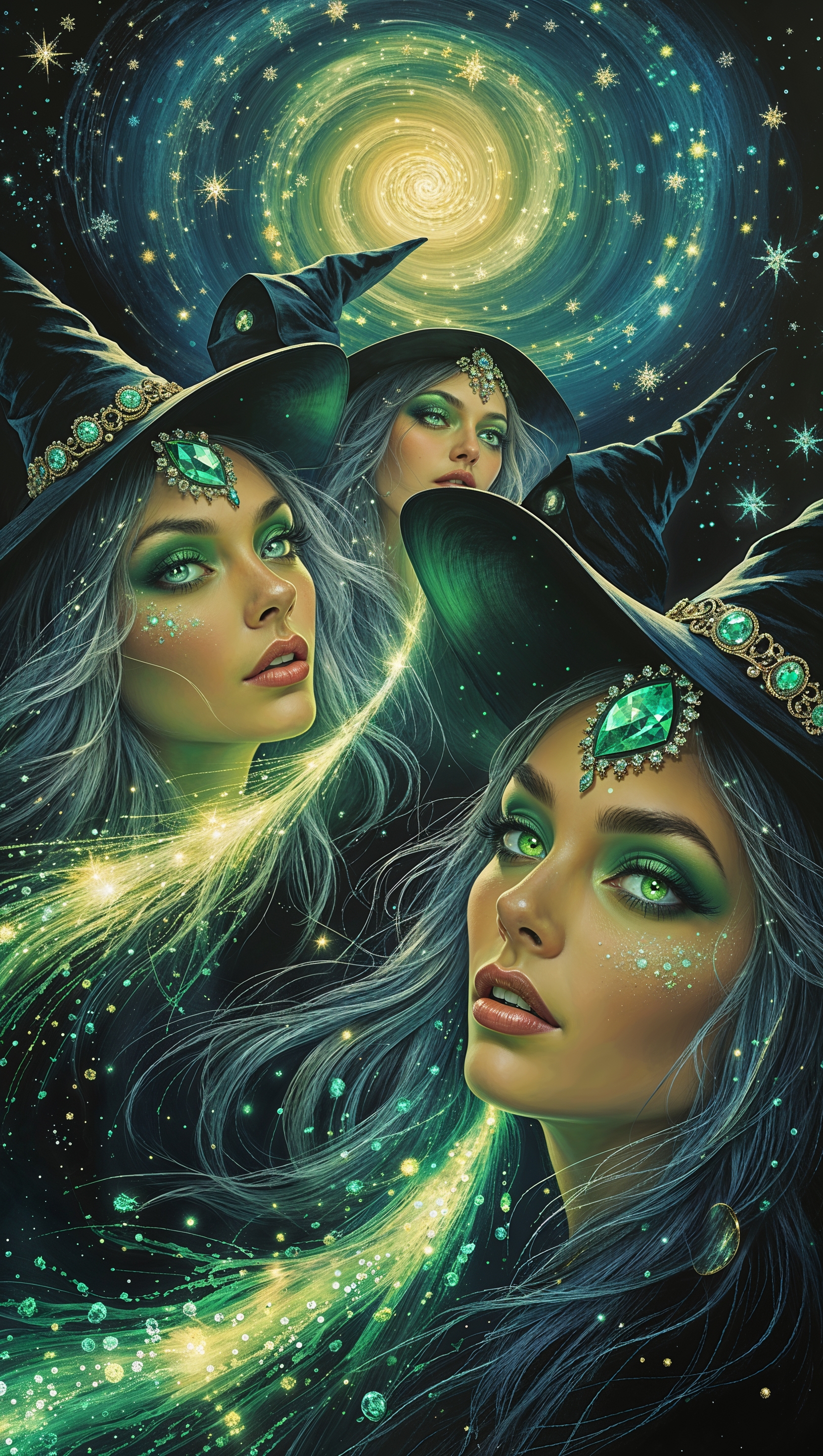 Vertical scene of witches flying past stars, leaving glowing trails
