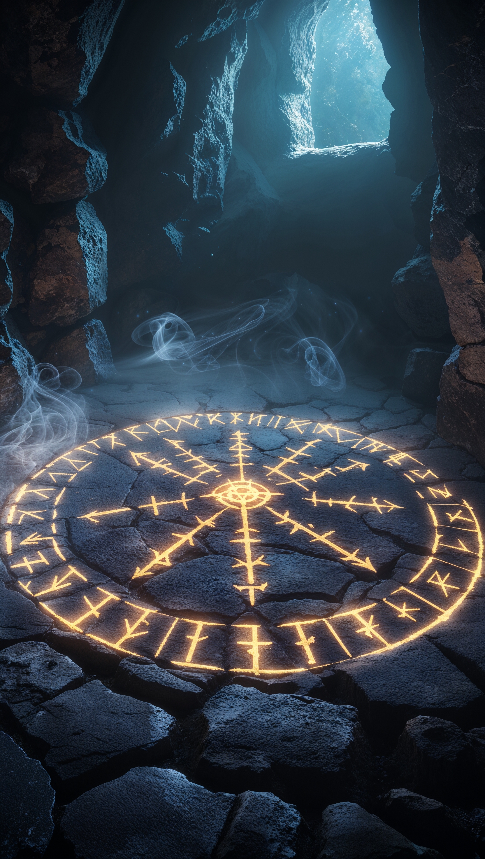Mystical runes glowing on stone floor surrounded by shadows