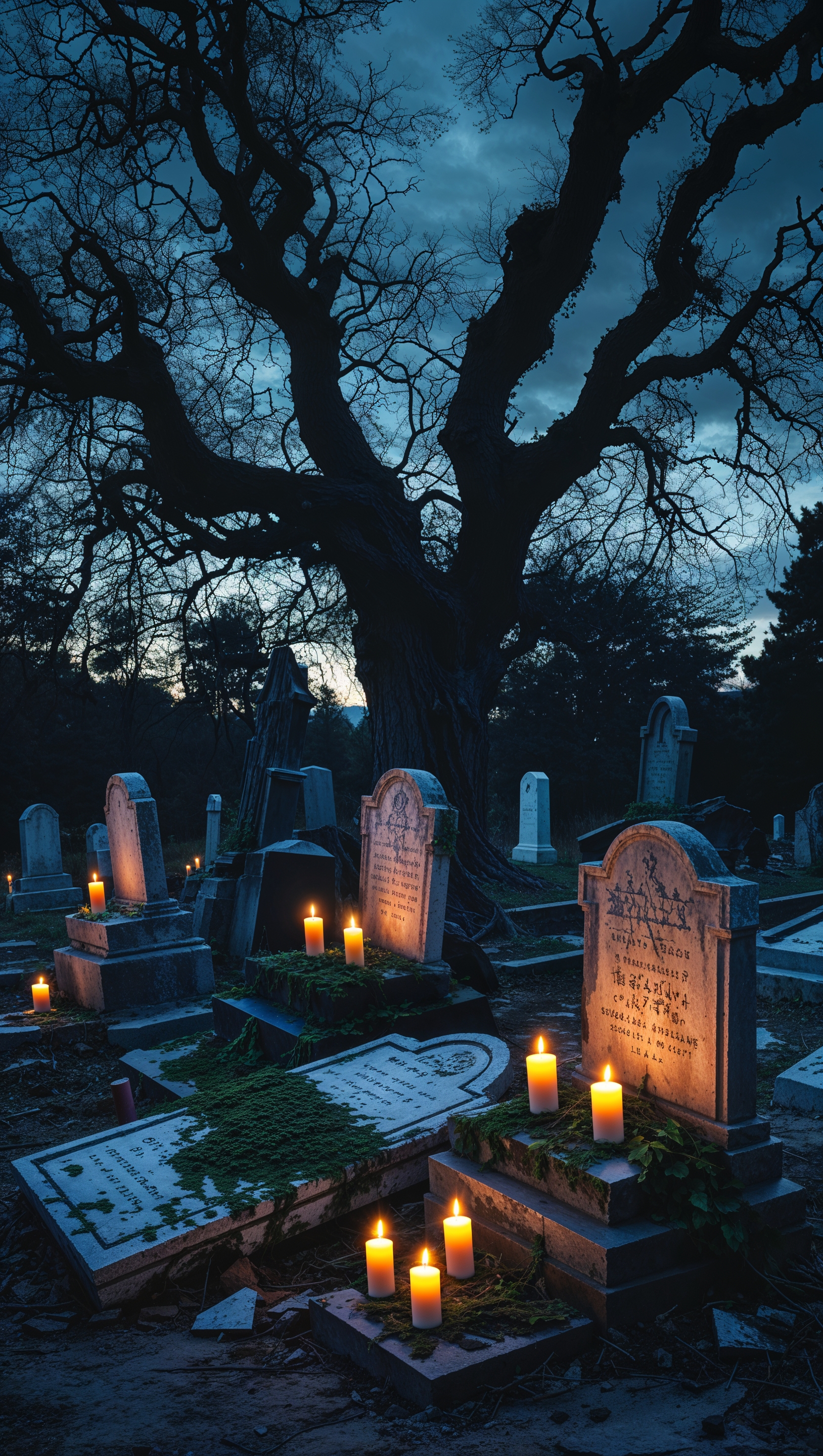 Abandoned graveyard at dusk with broken tombstones and flickering candles