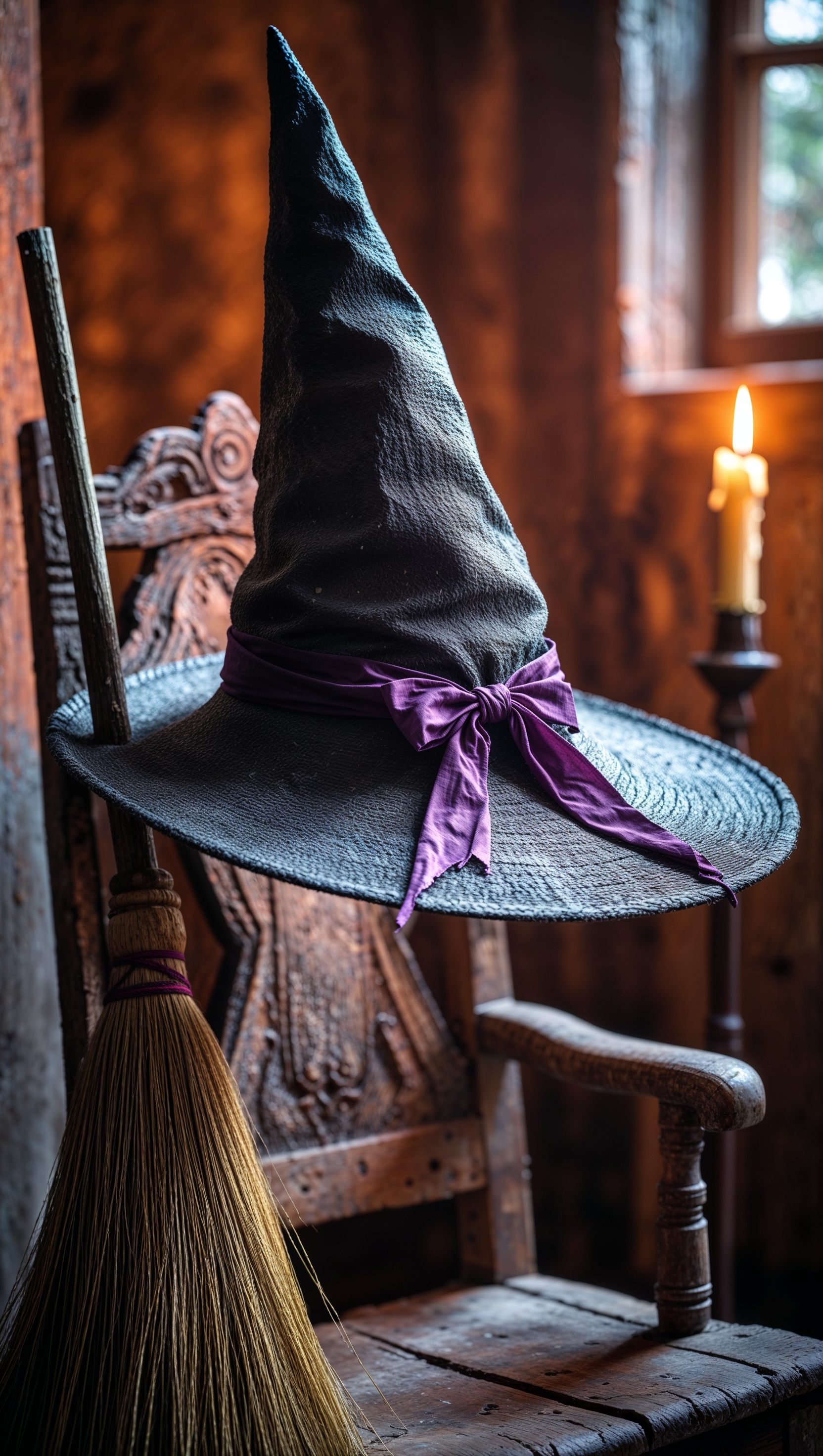 Witch’s hat and broom leaning on old wooden chair in candlelight