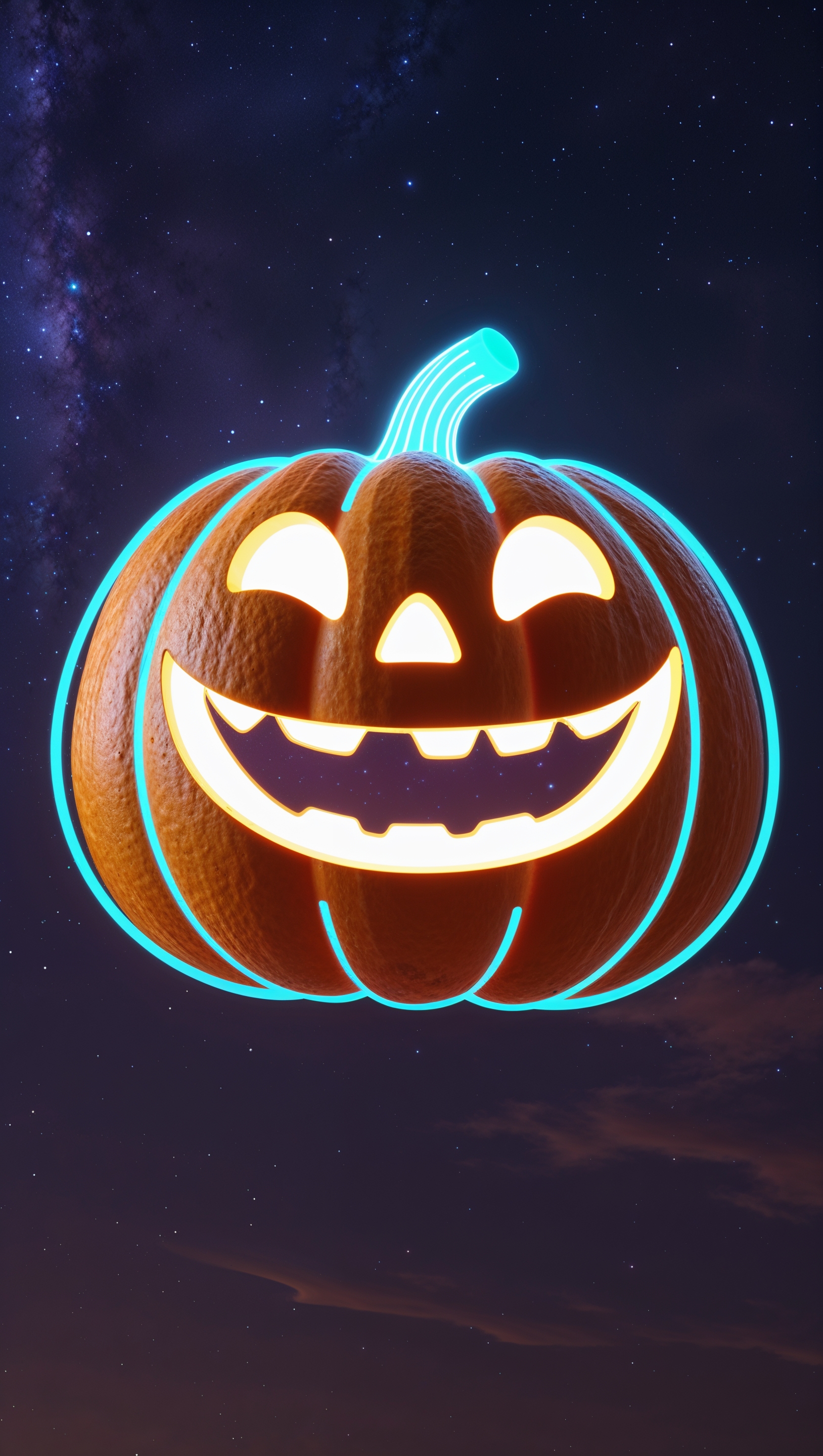 Smiling pumpkin face with neon outline on dark background