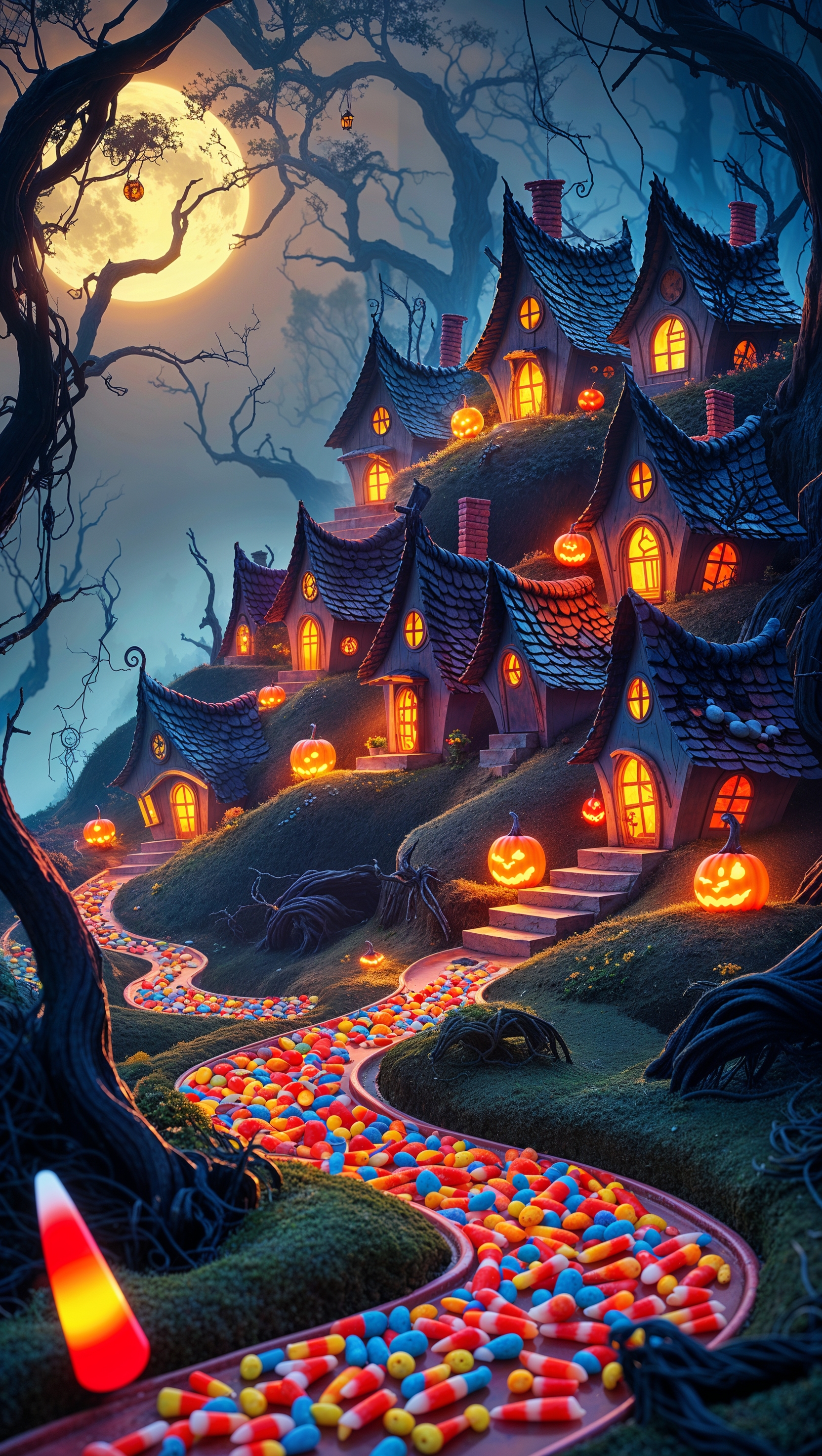 Vertical cartoon-style Halloween village with tiny houses and candy paths