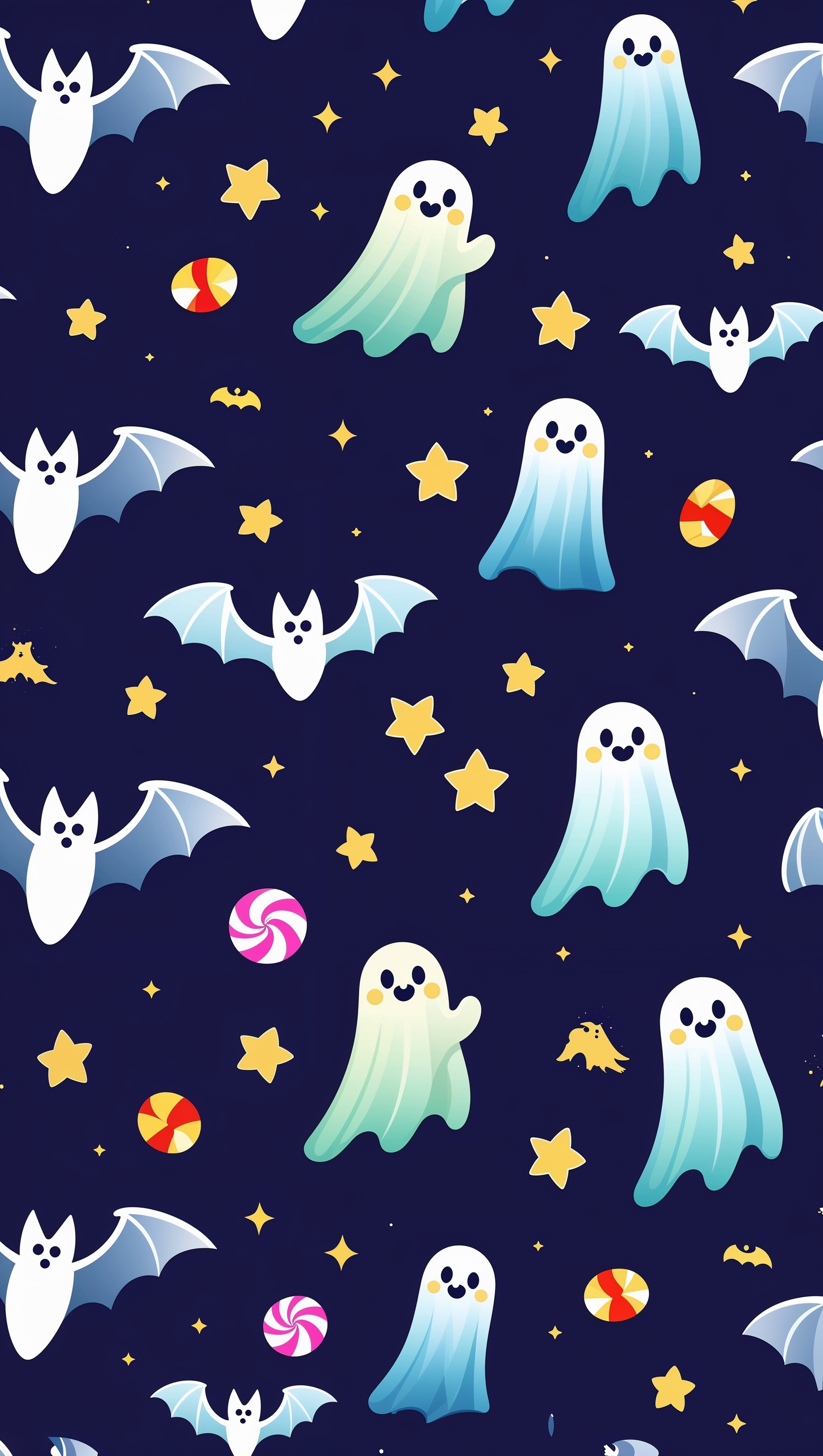 Flat vector Halloween wallpaper with bats, stars, ghosts, and candy icons
