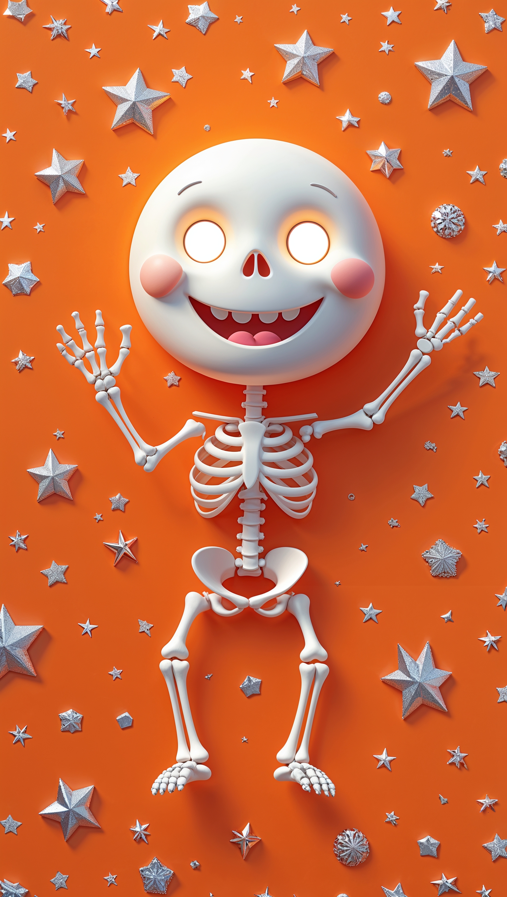 Cute skeleton character waving on orange background with stars