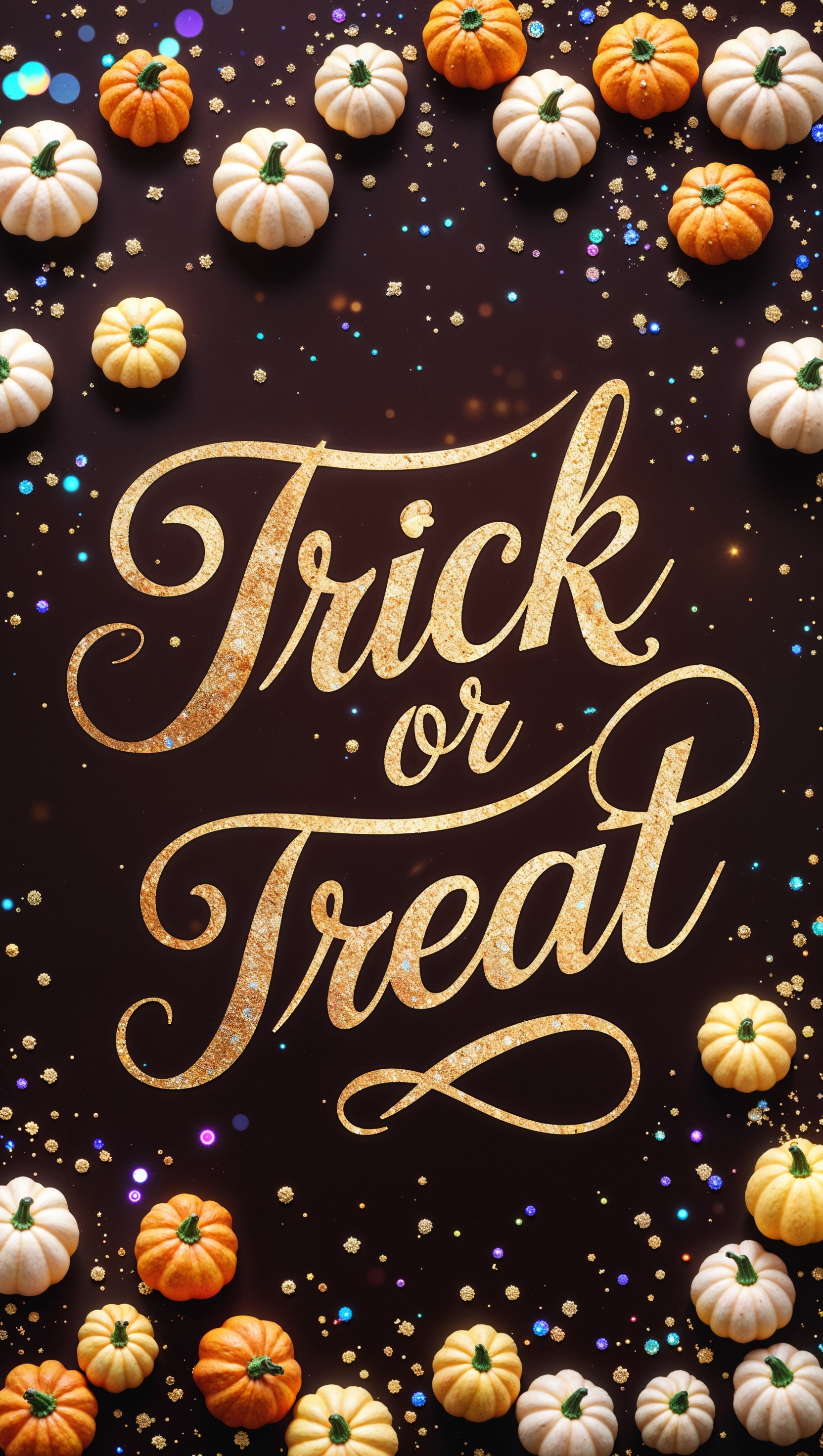 "Trick or Treat" in stylish script with tiny pumpkins and sparkles