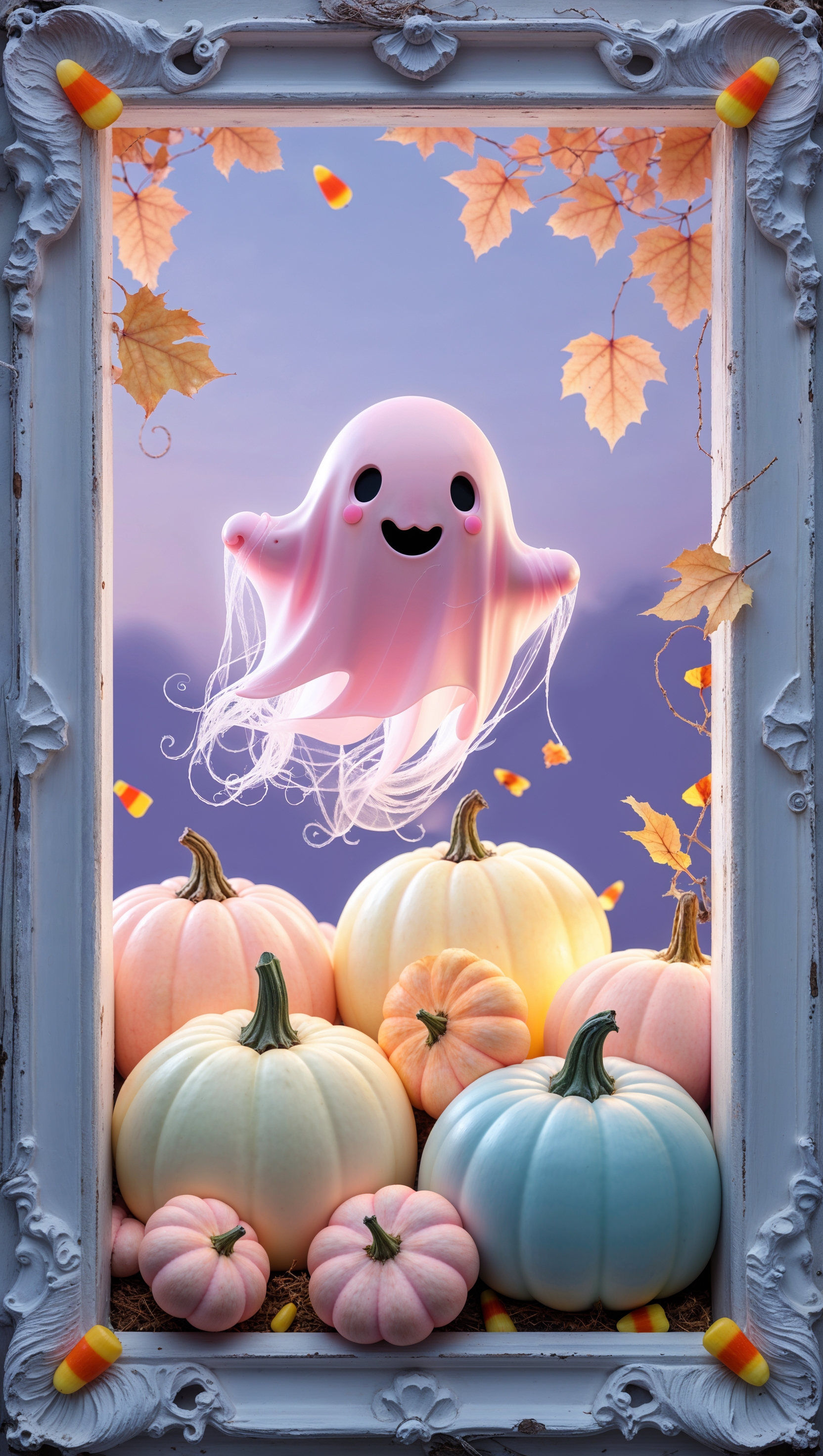 Pastel Halloween scene with pink ghost and soft pumpkins, cute aesthetic