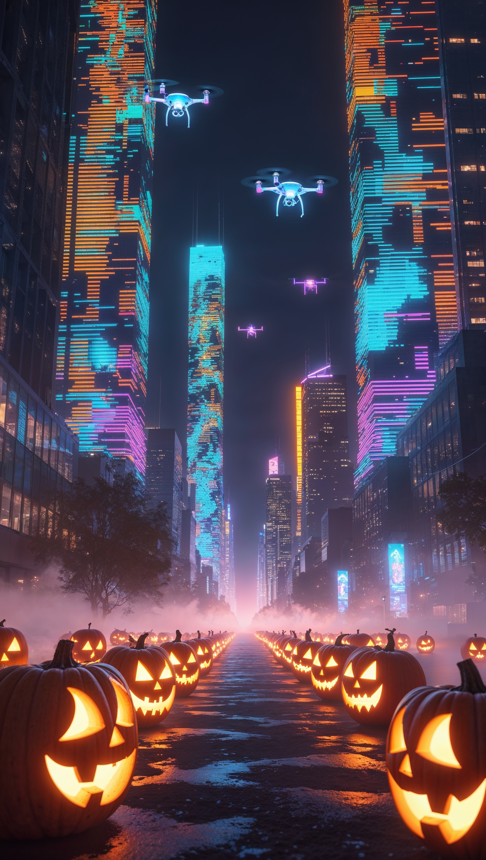 Cyberpunk Halloween night with neon pumpkins and glitchy buildings