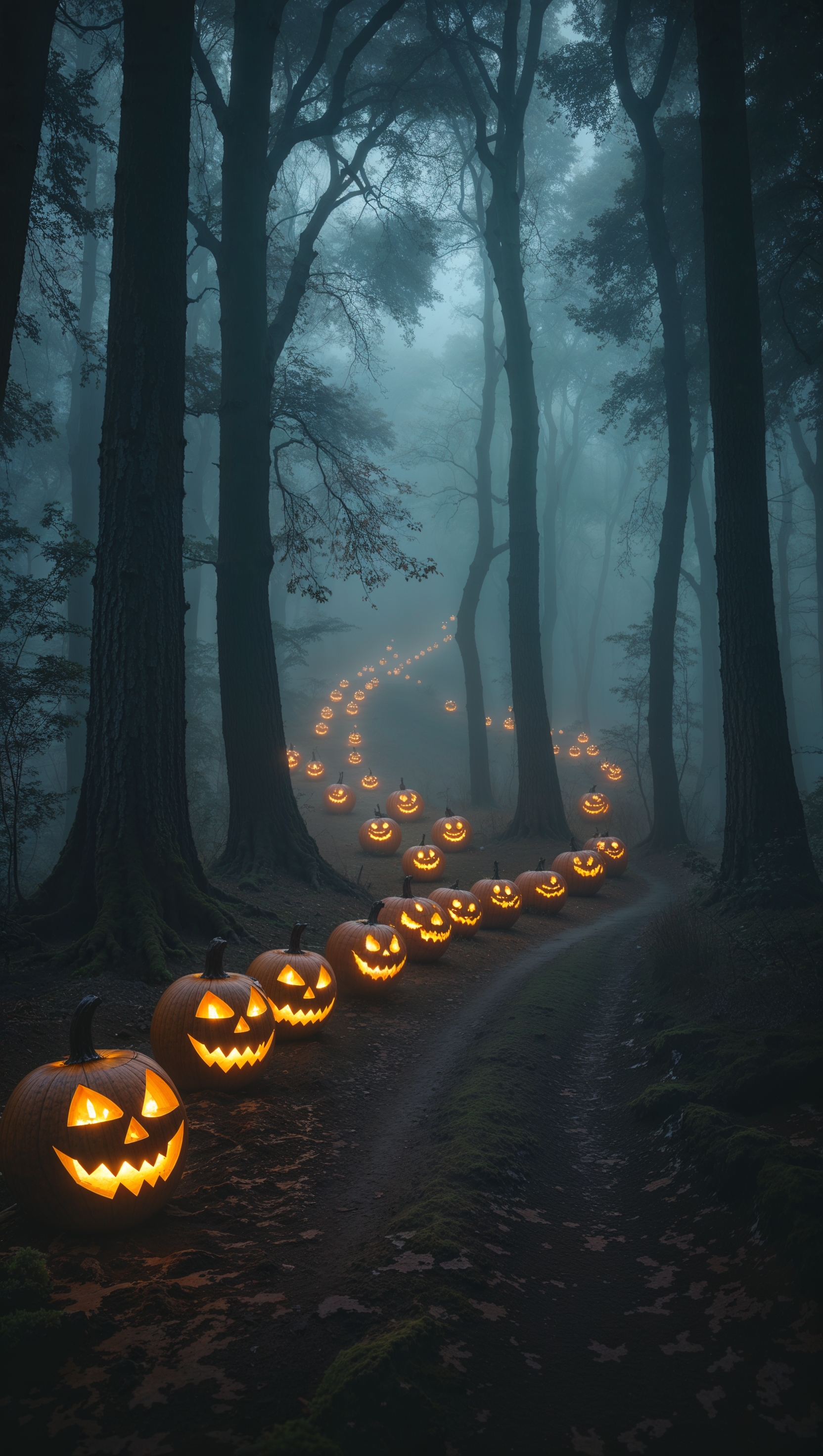 Cinematic foggy forest path lit by carved jack-o'-lanterns, spooky atmosphere