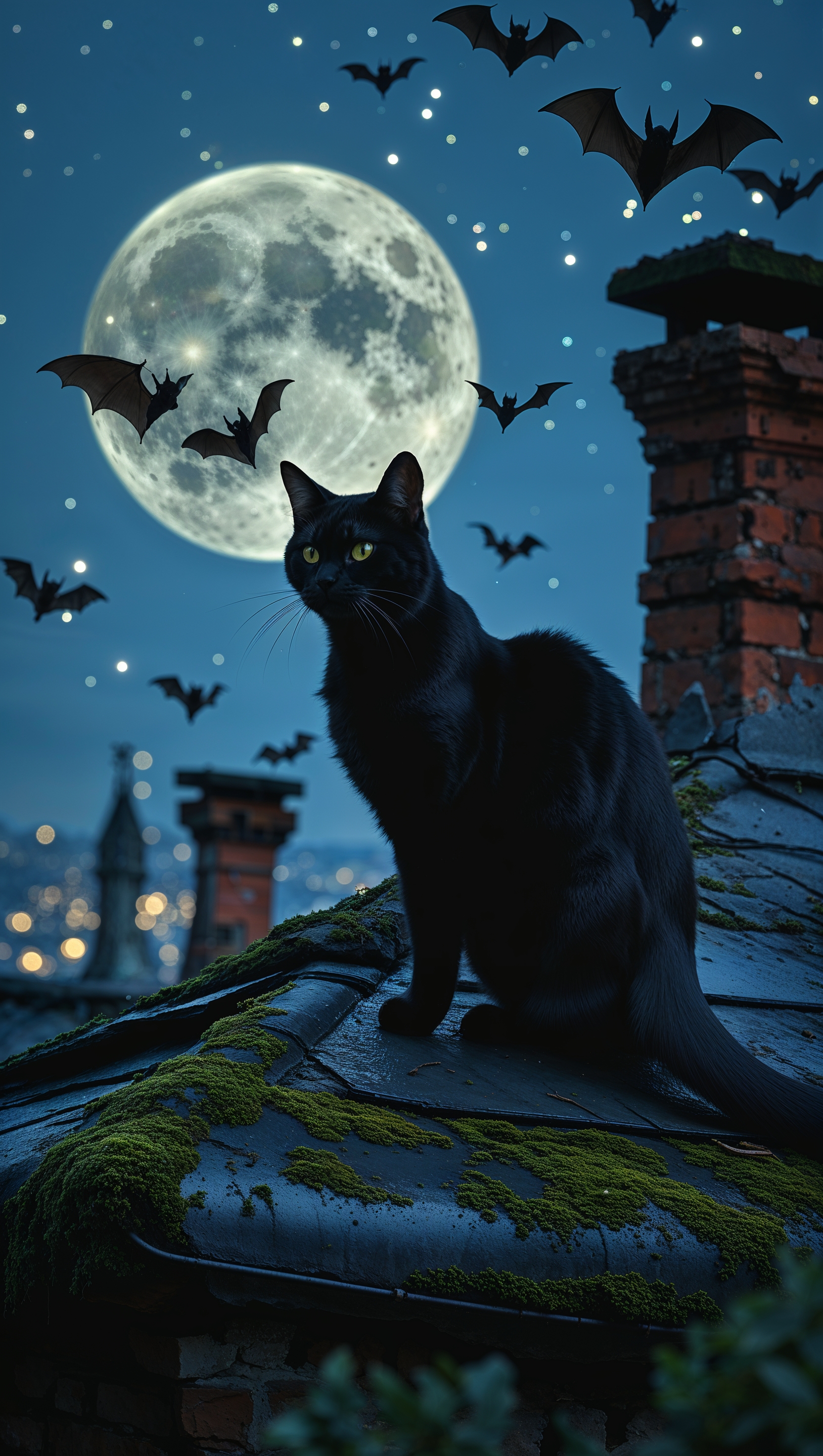 Silhouette of a black cat on a rooftop under full moon with flying bats