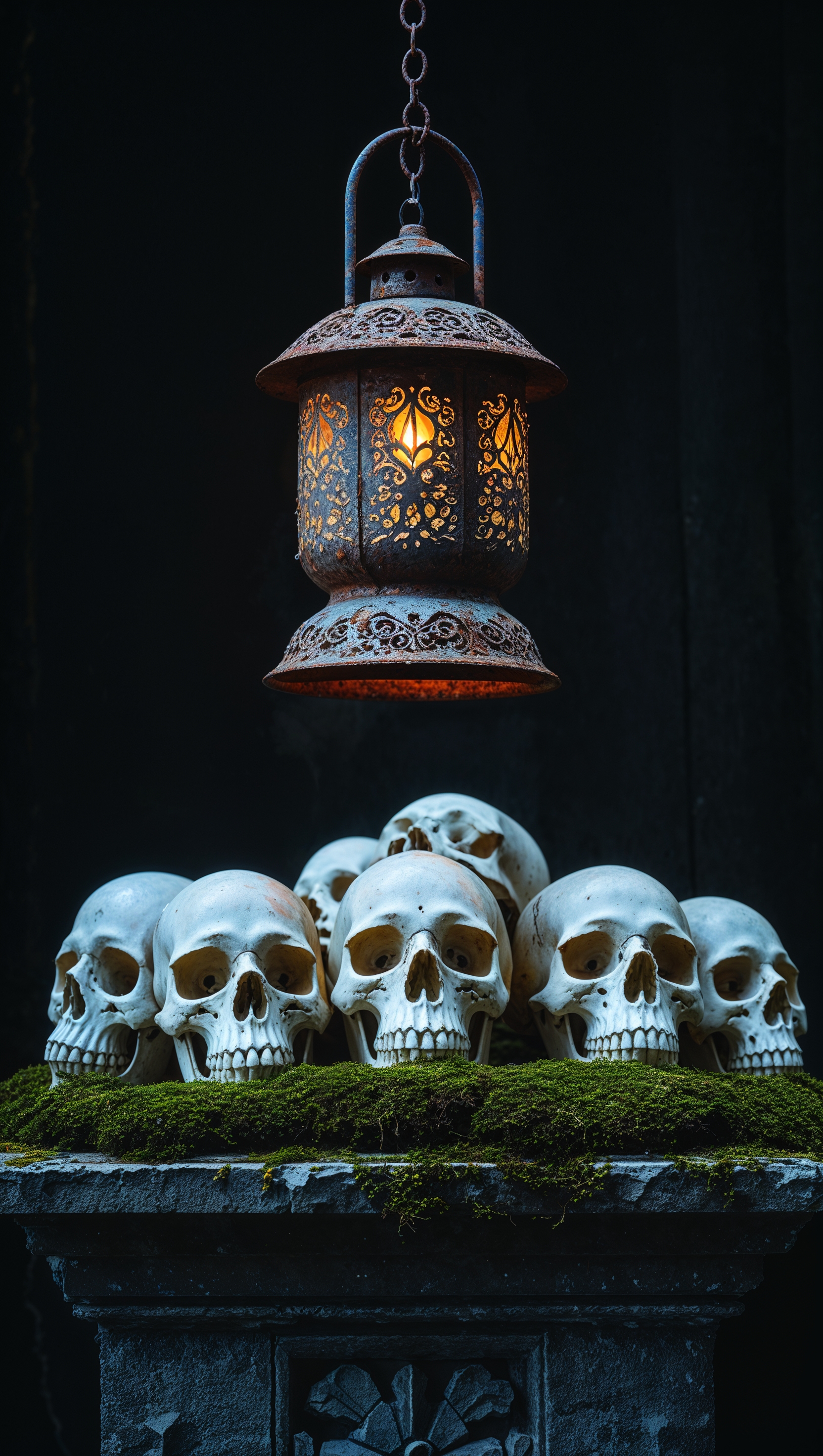 Old lantern swinging on a chain, lighting up carved skulls in the dark