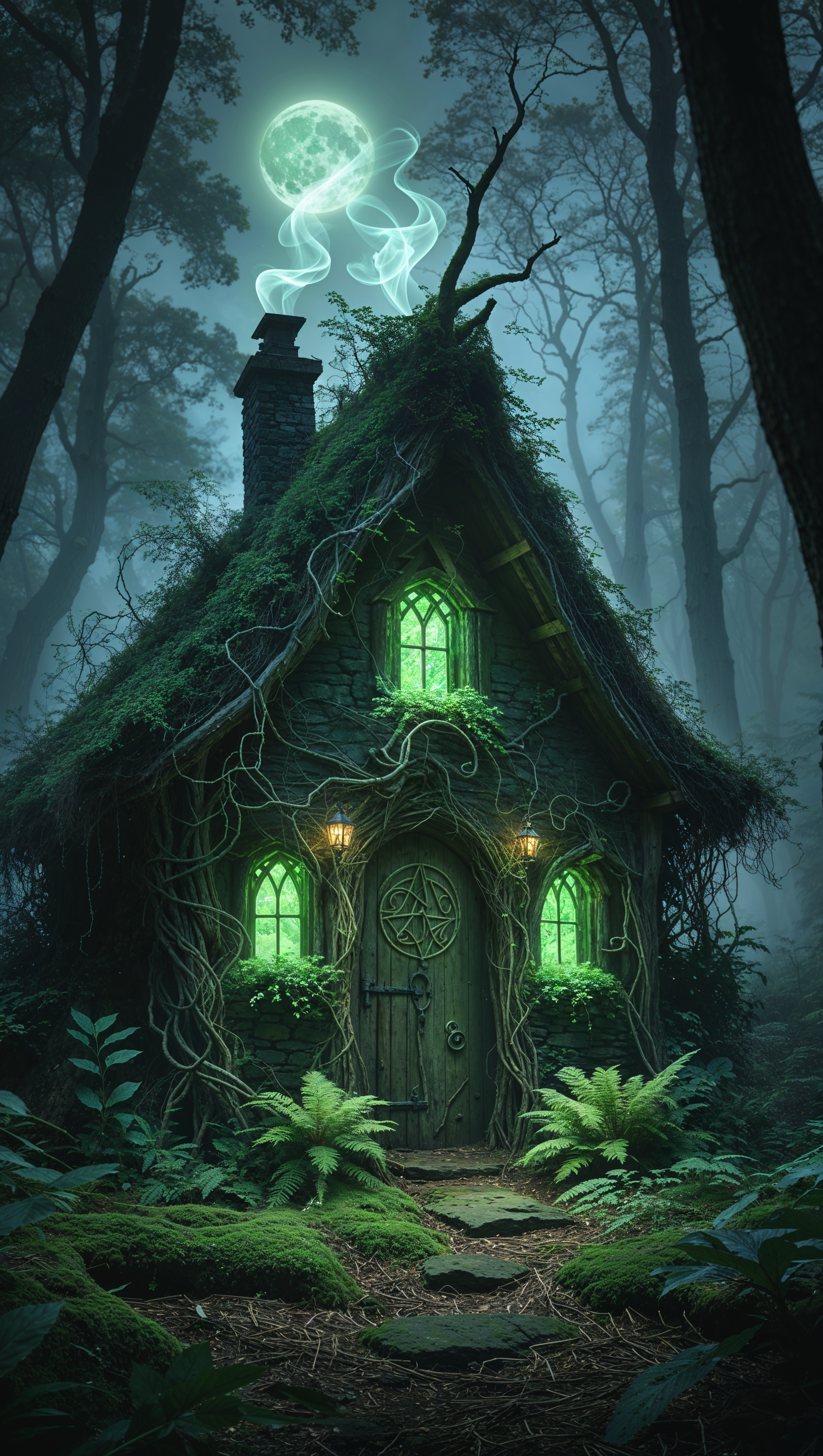 Witch’s cottage in the woods with glowing green lights and smoke rising