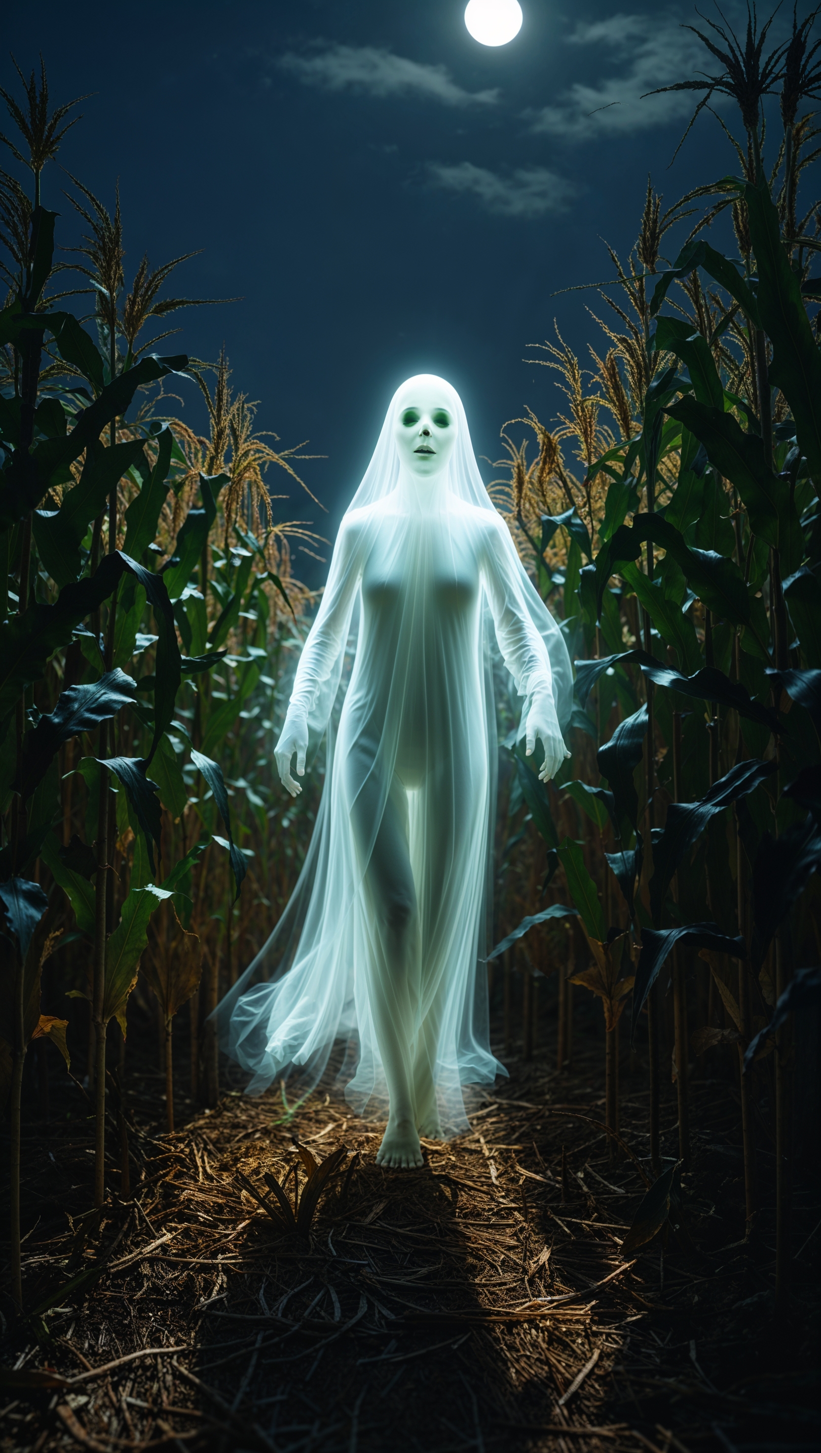 Glowing ghost figure walking through a cornfield at night, cinematic contrast