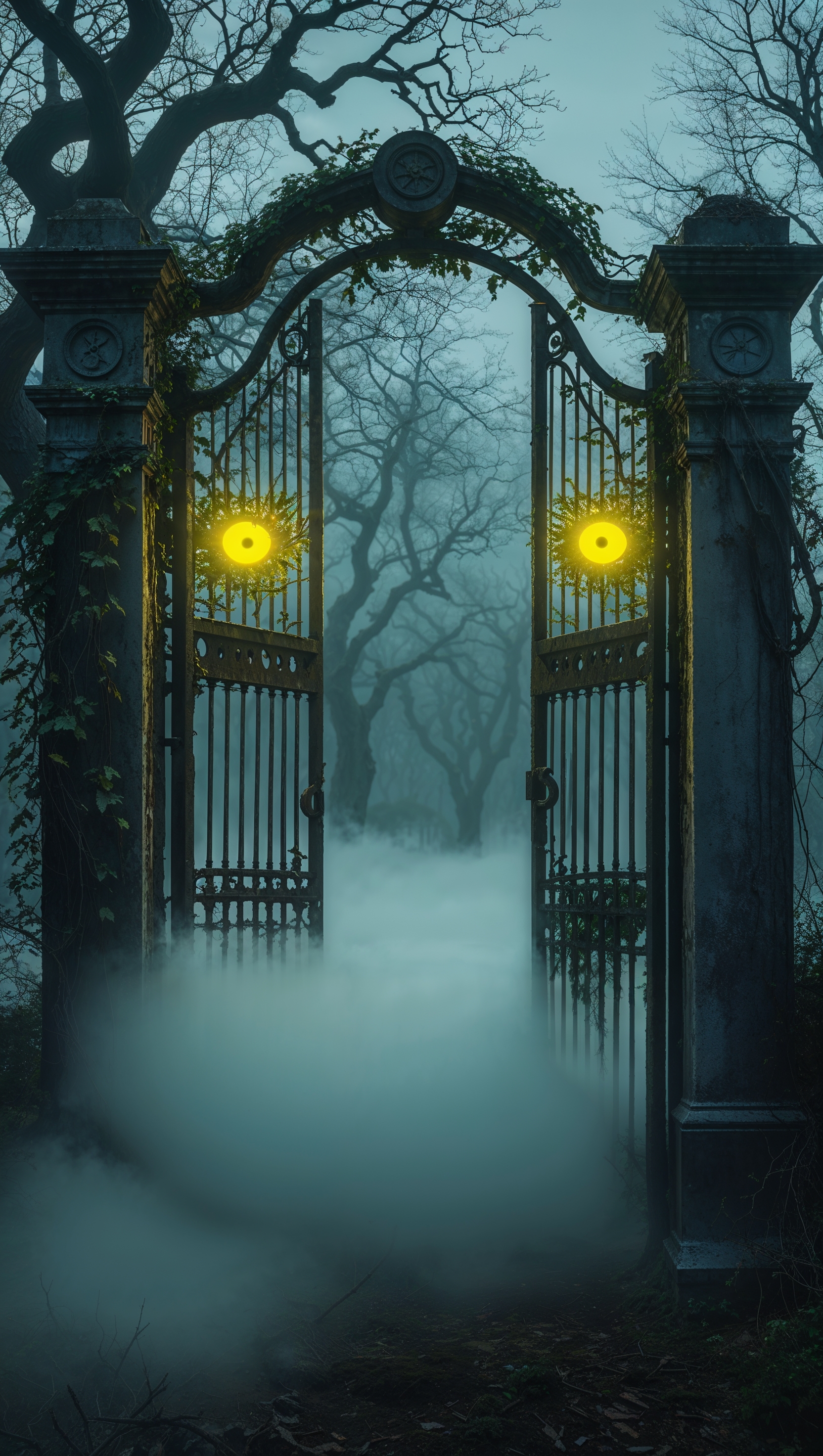 Cemetery gate half open with fog pouring out and glowing eyes in the mist