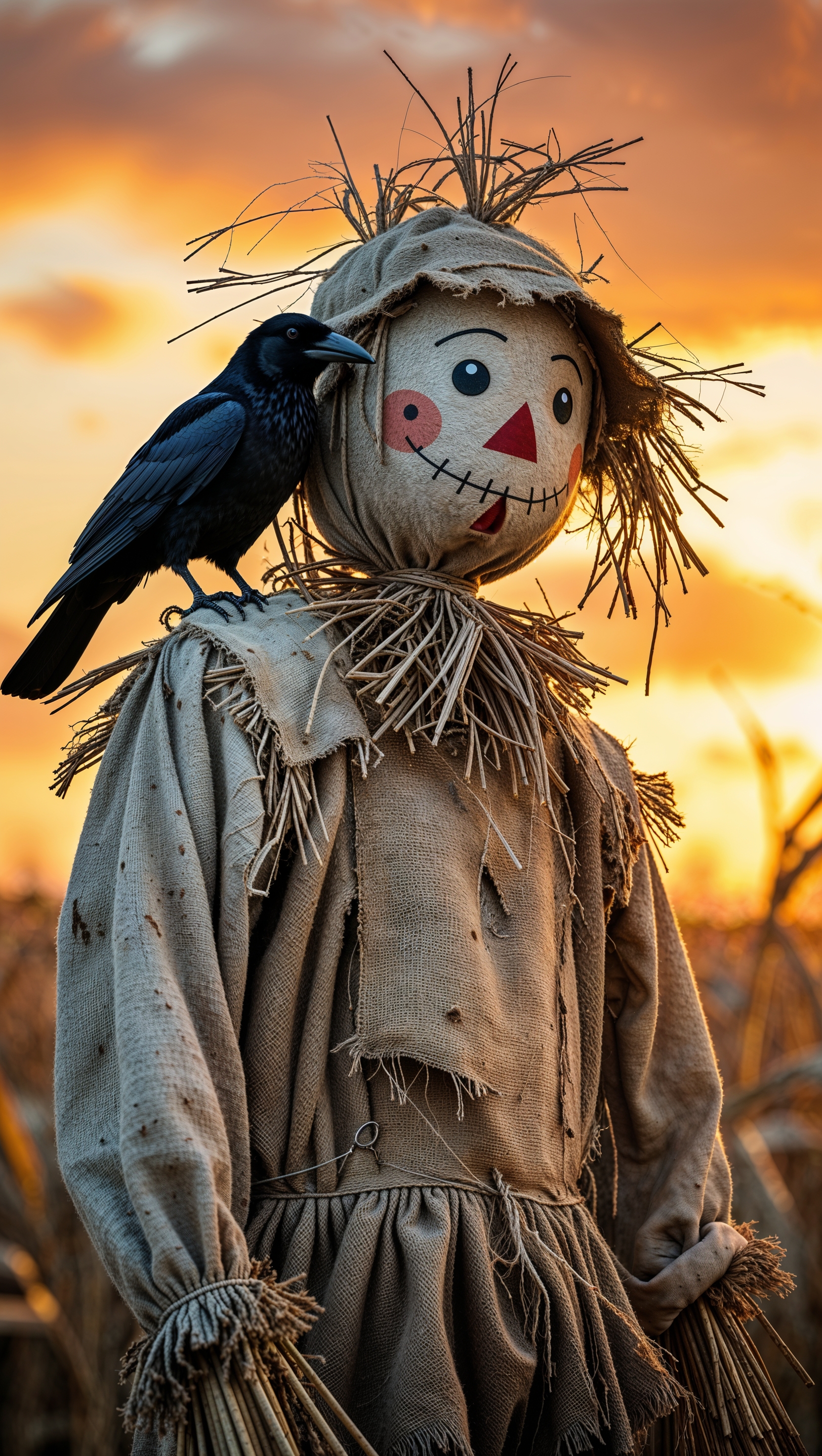 Scarecrow with torn clothes and crow on shoulder, backlit by orange sky