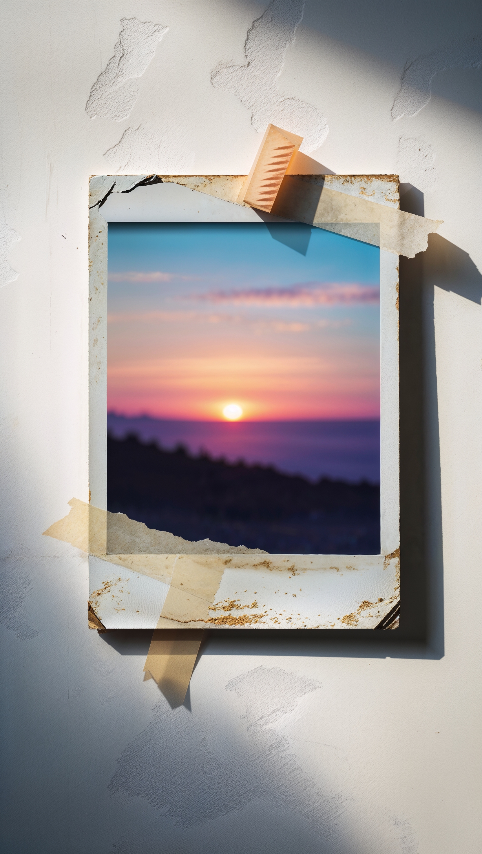 Polaroid frame mockup with soft sunset view inside, taped on white wall