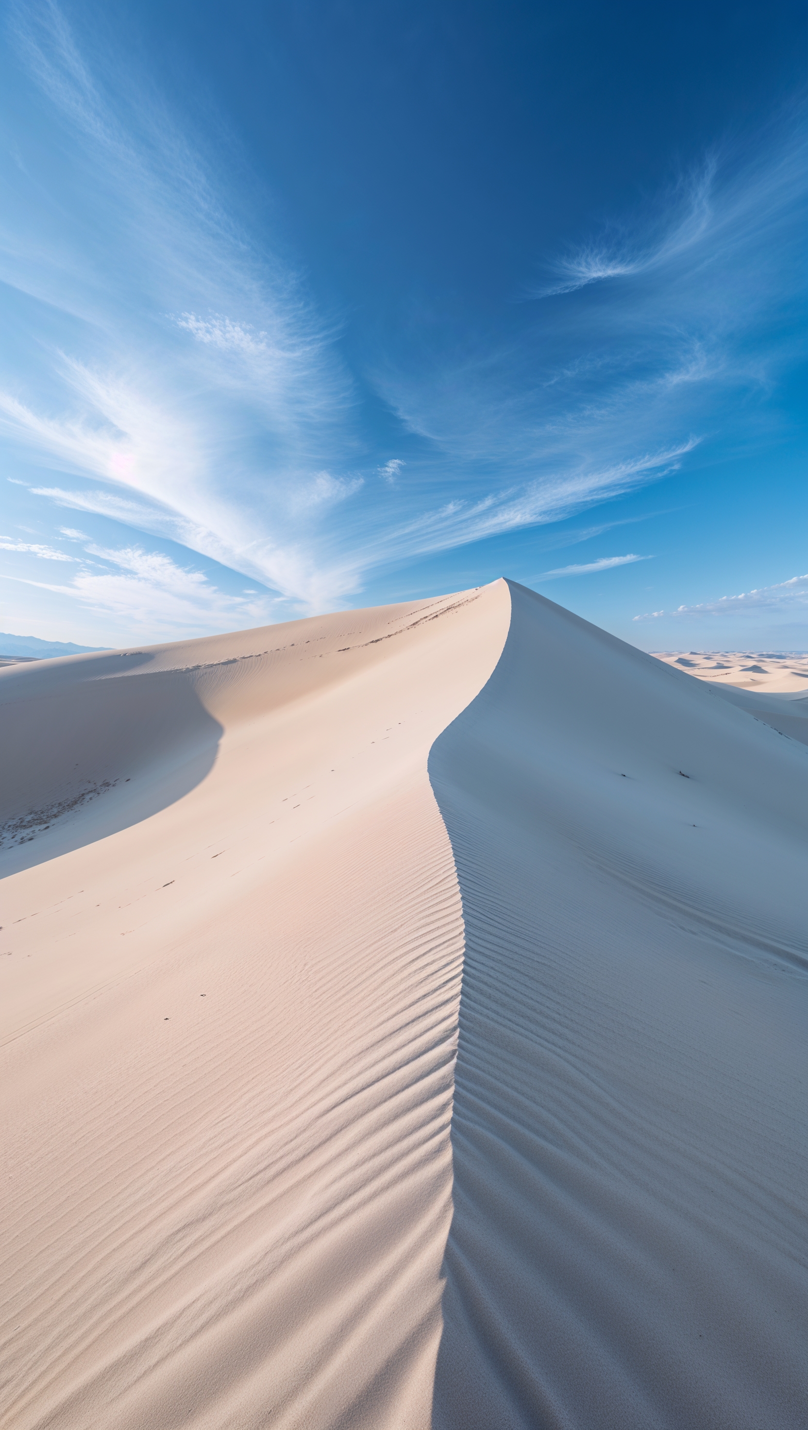 Soft sand dunes with minimal curves under clear sky, vertical shot