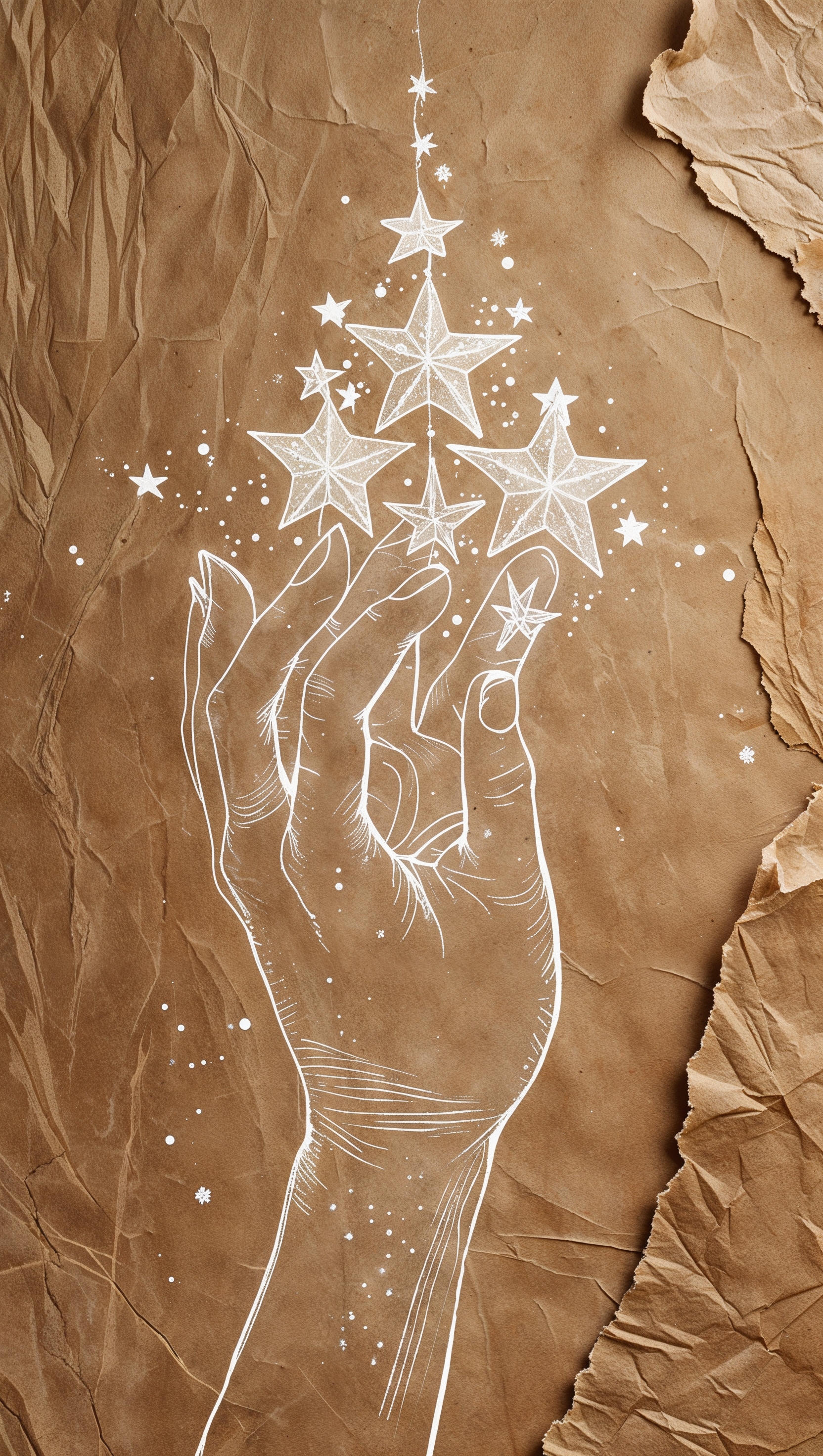 Line art of a hand holding stars on textured paper background
