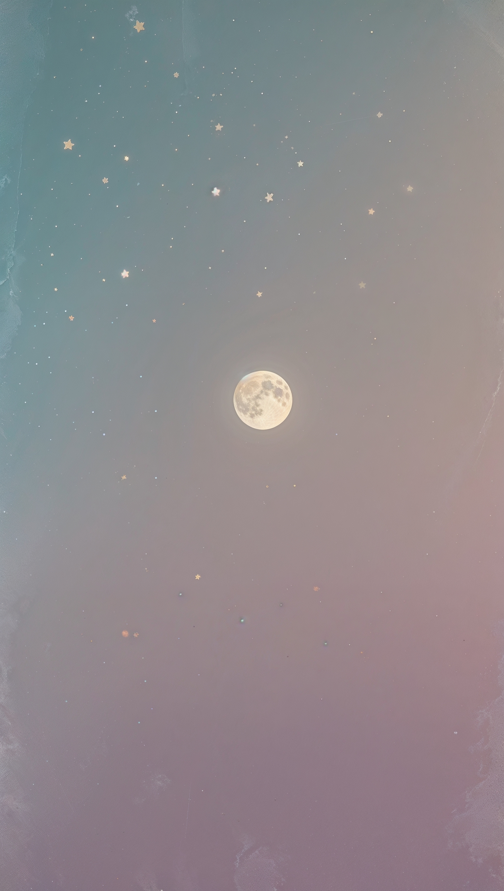 Minimal moon and stars in pastel sky with soft grain texture