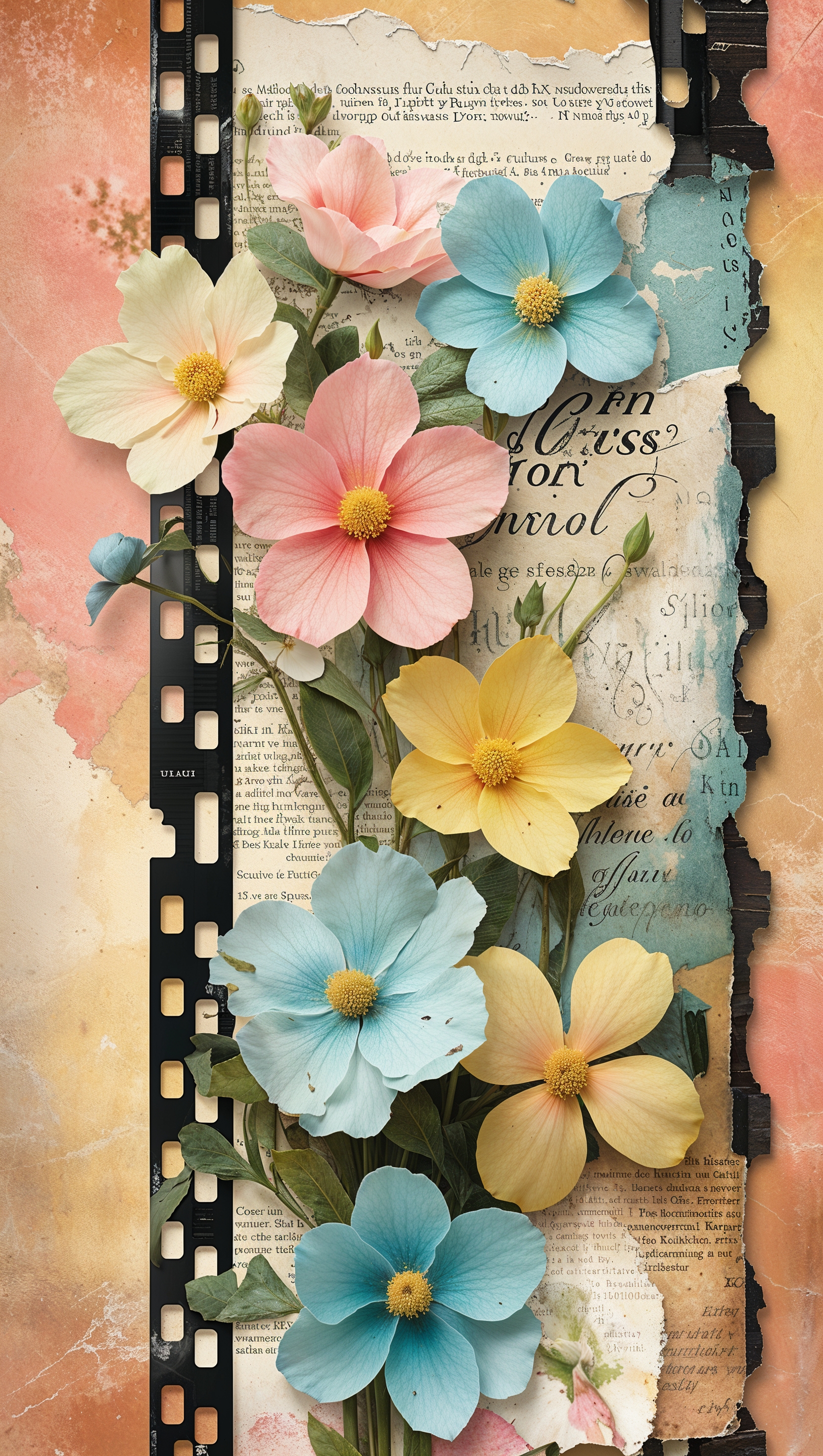 Retro collage of flowers, film strips, and old text snippets