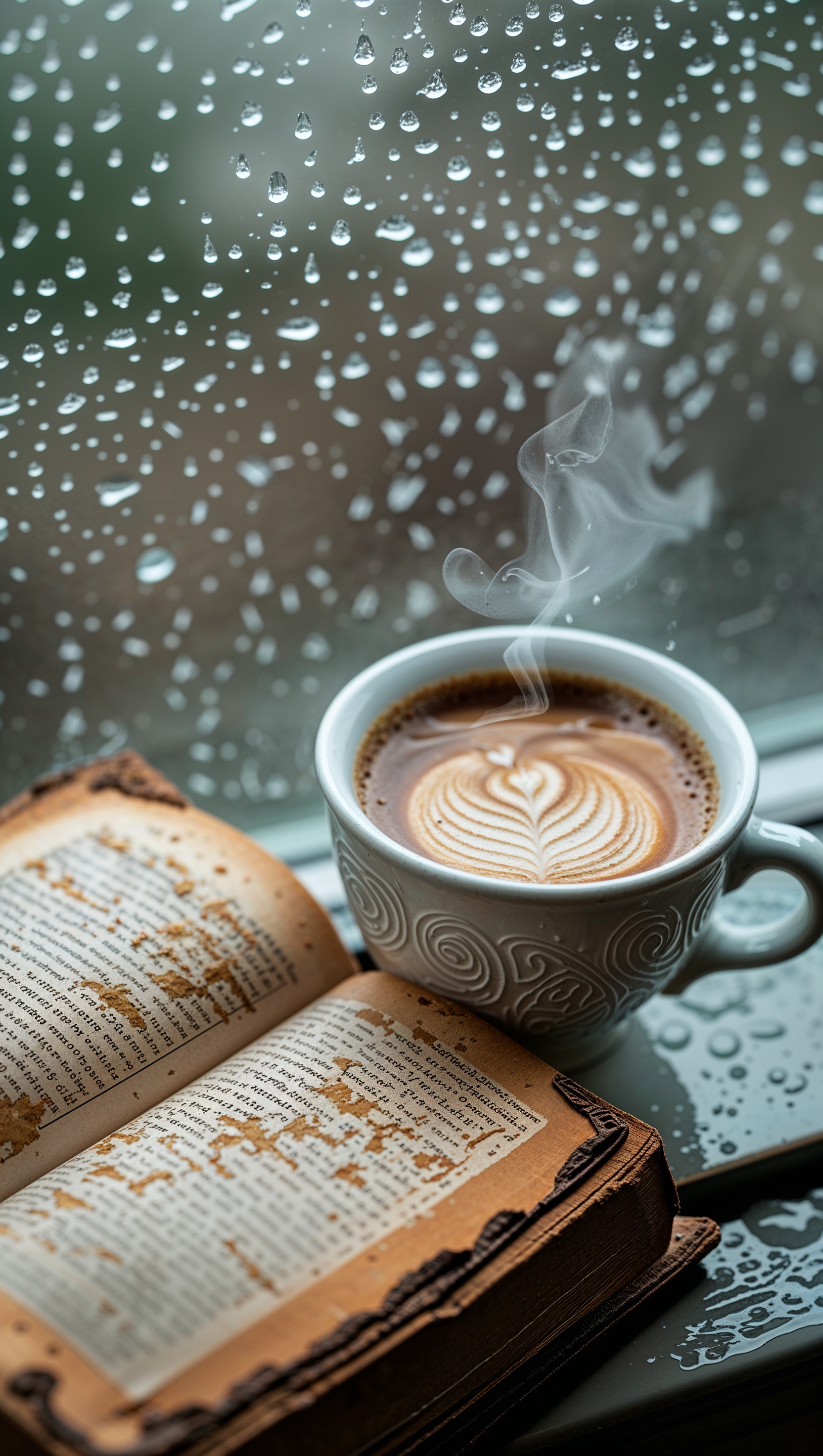 Soft-focus photo of open book and coffee on a rainy window sill