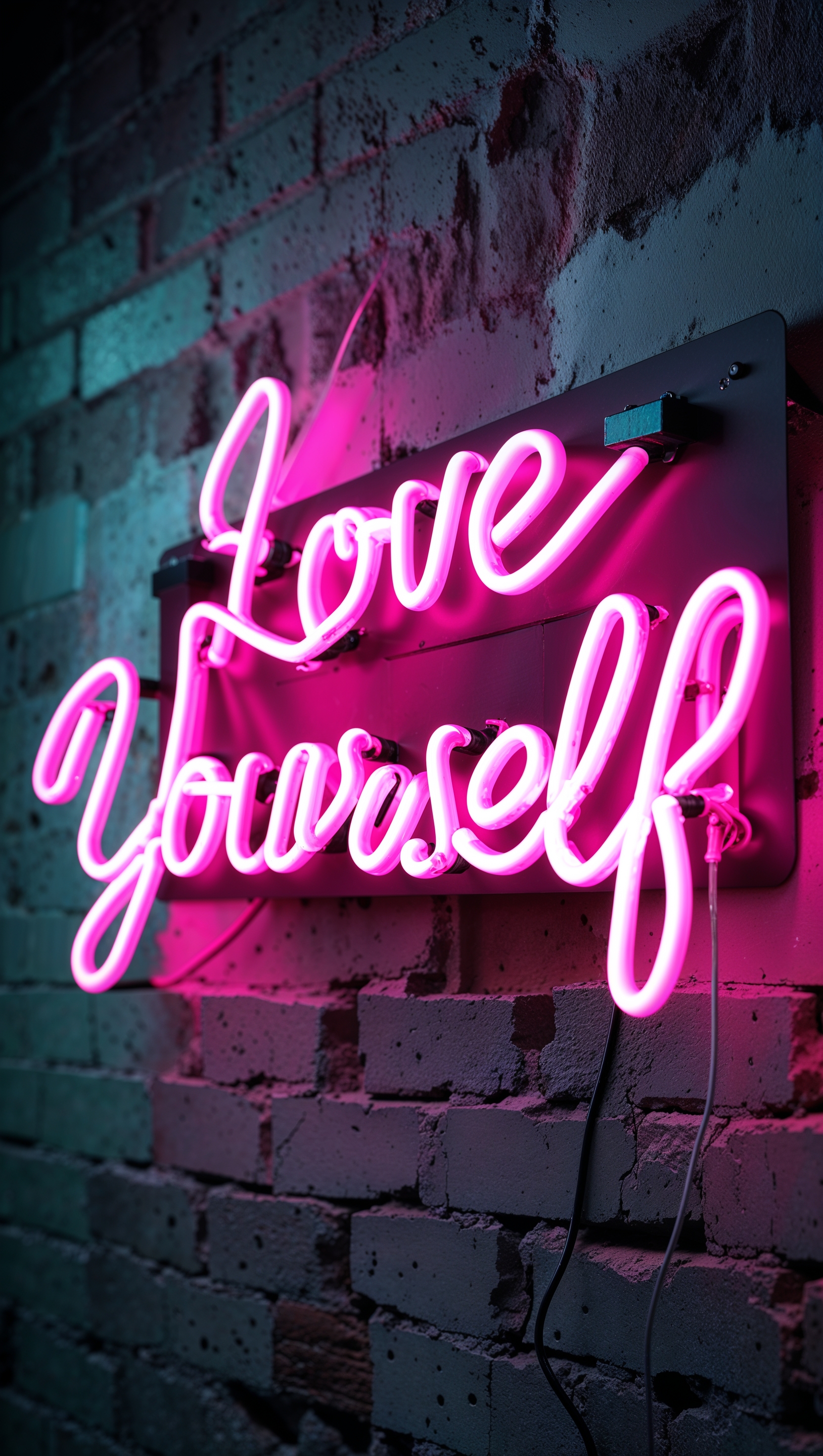 Pink neon sign saying “love yourself” on a brick wall