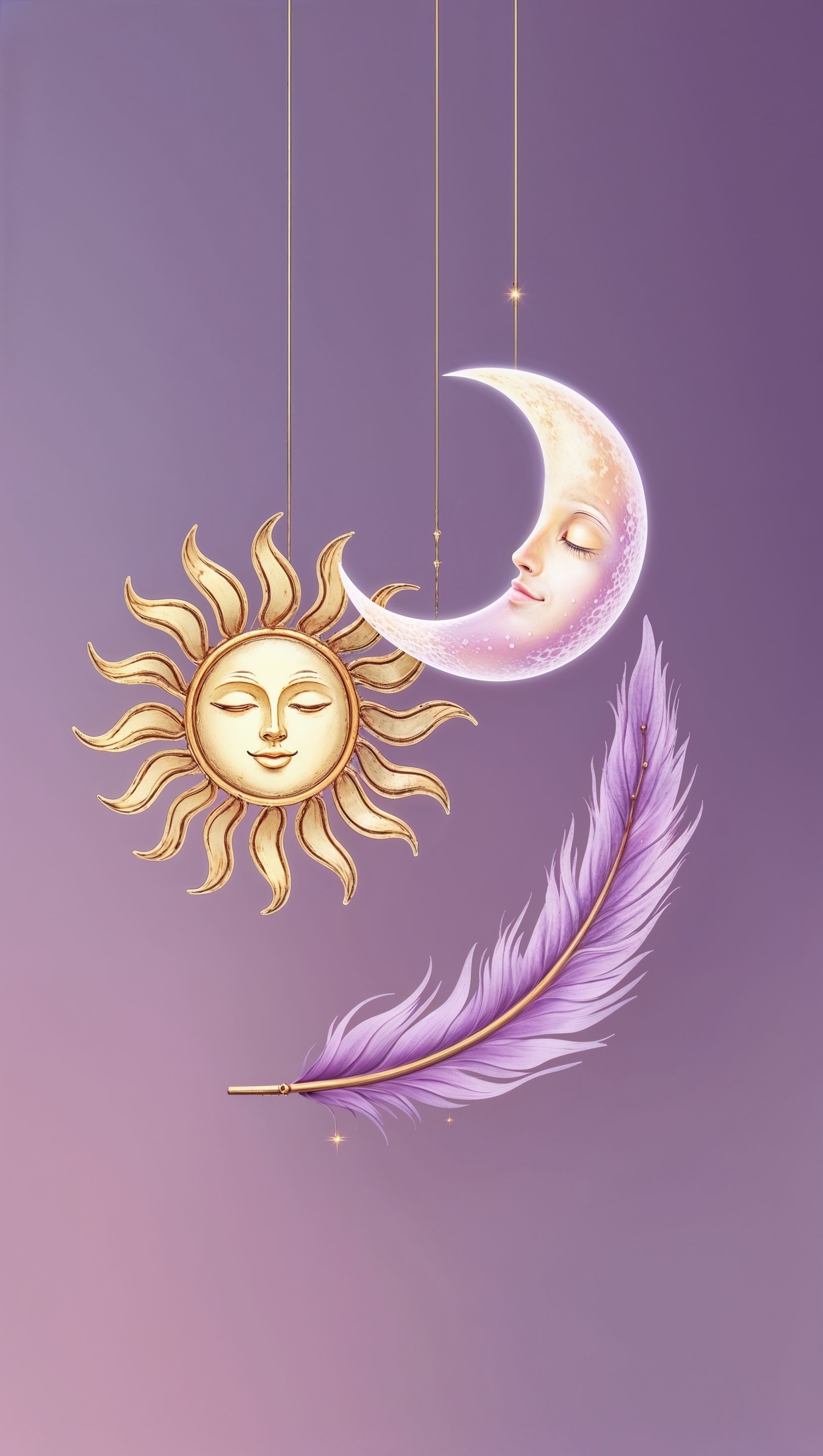 Celestial sun and moon icon set on soft purple background