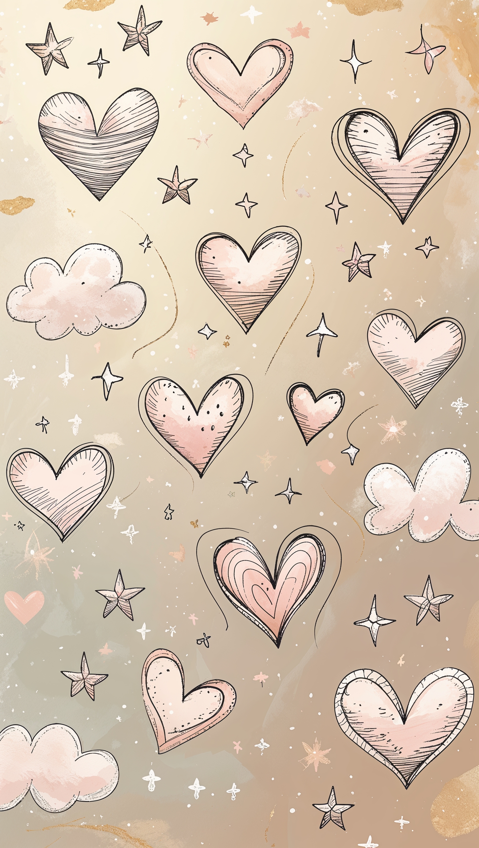 Aesthetic doodles of hearts, stars, and clouds on pale background