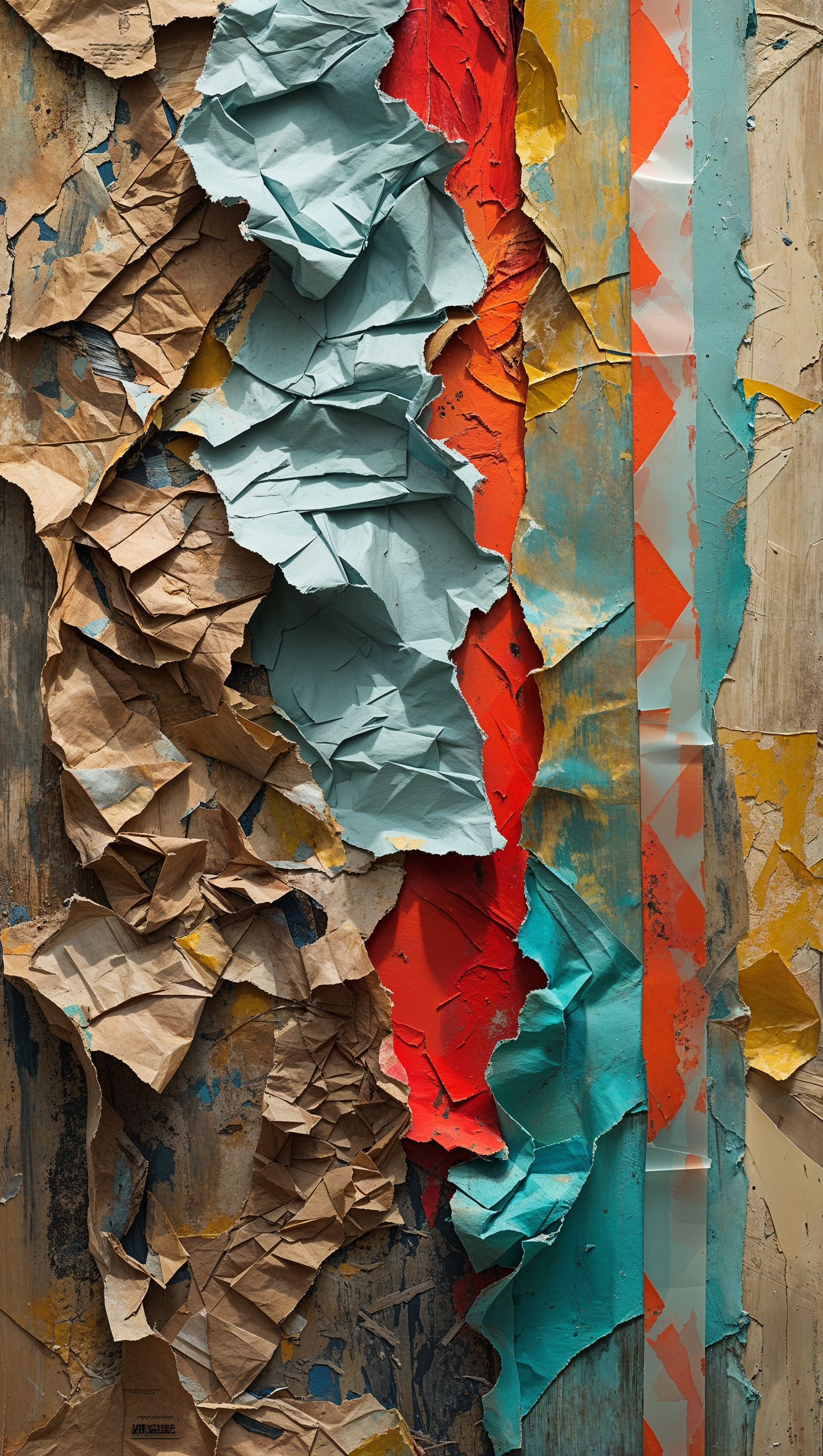 Mixed media texture with ripped paper, paint strokes, and tape
