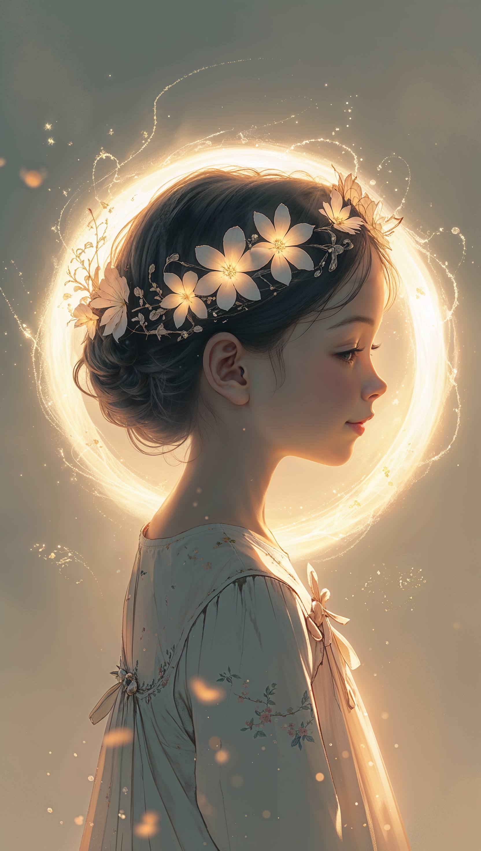 Girl silhouette with flower head and glowing halo, dreamy vibe