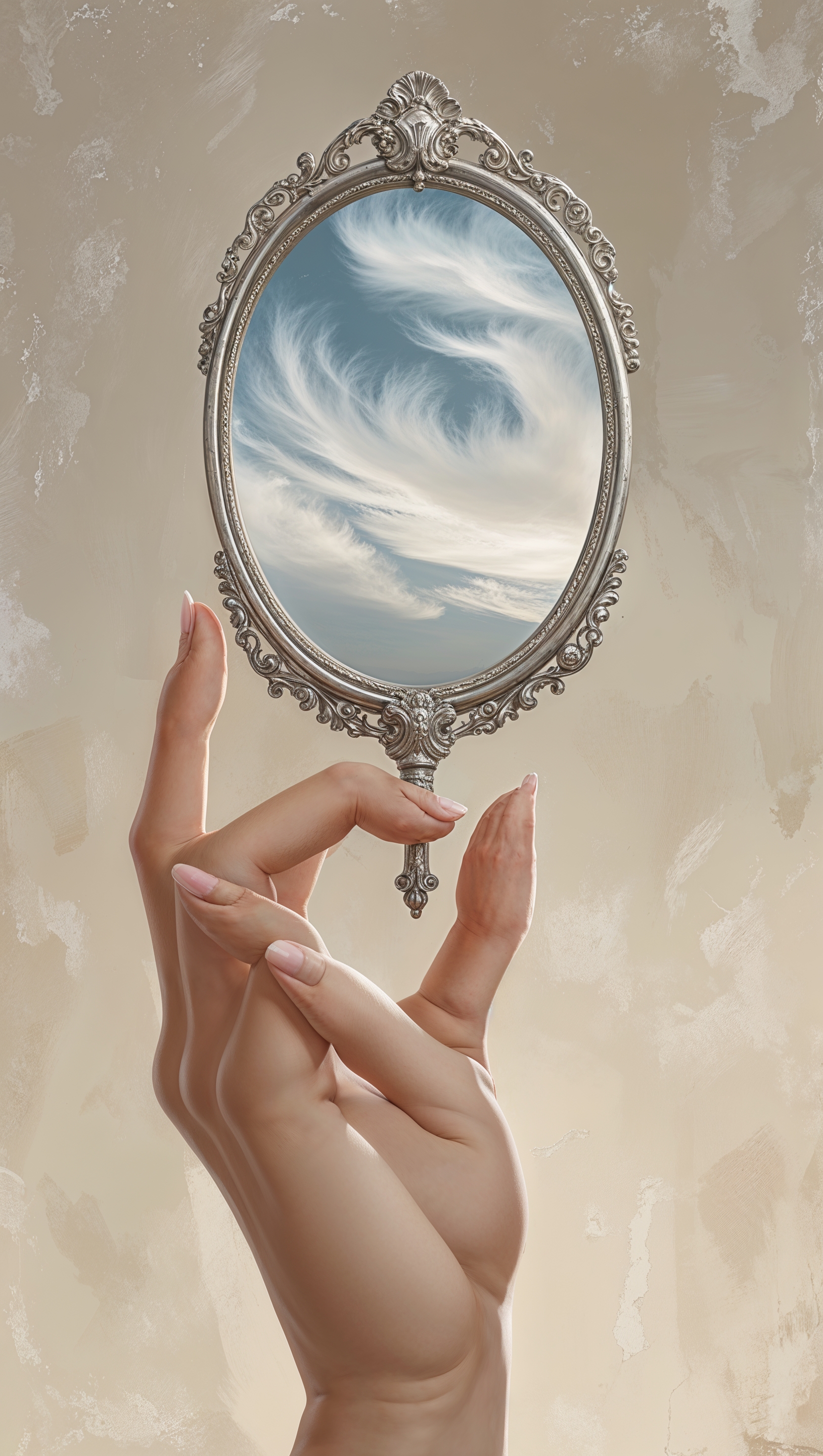 Hand holding a mirror reflecting cloudy sky, symbolic vertical shot