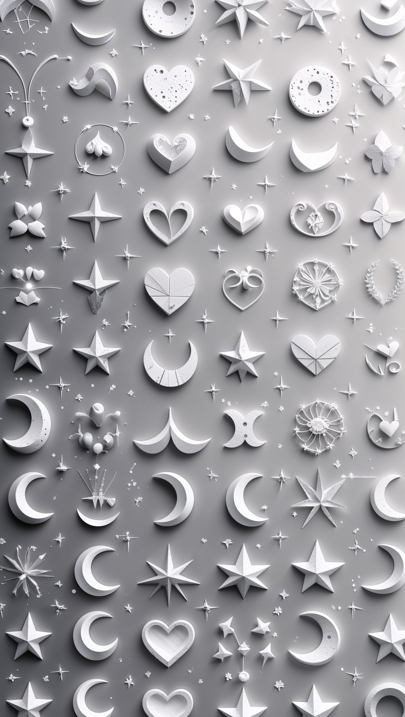 Monochrome aesthetic grid of tiny icons: moon, heart, wave, sparkles