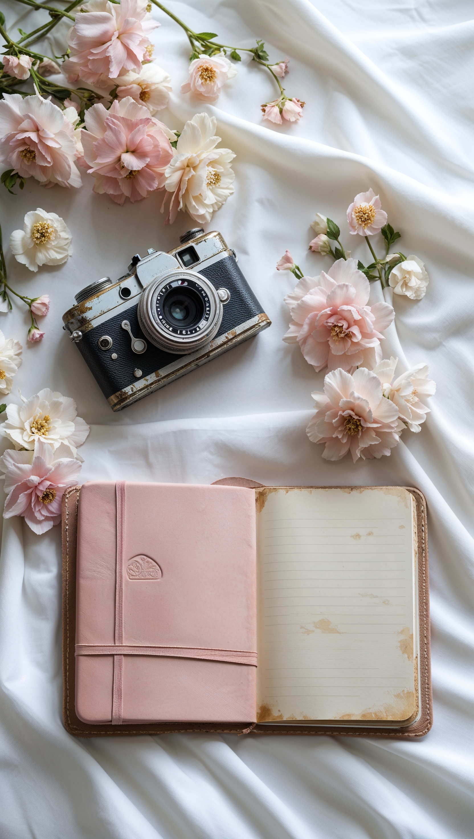 Flat lay of vintage camera, flowers, and pink notebook on white sheet